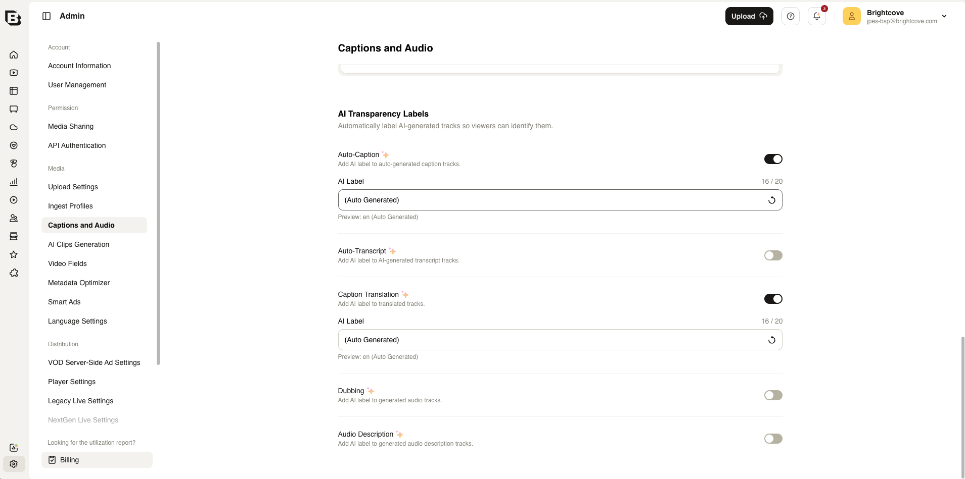 Admin Captions and Audio page showing AI Transparency Labels settings