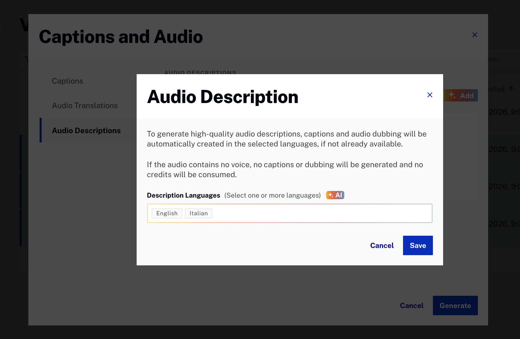 Bulk audio description dialog - options