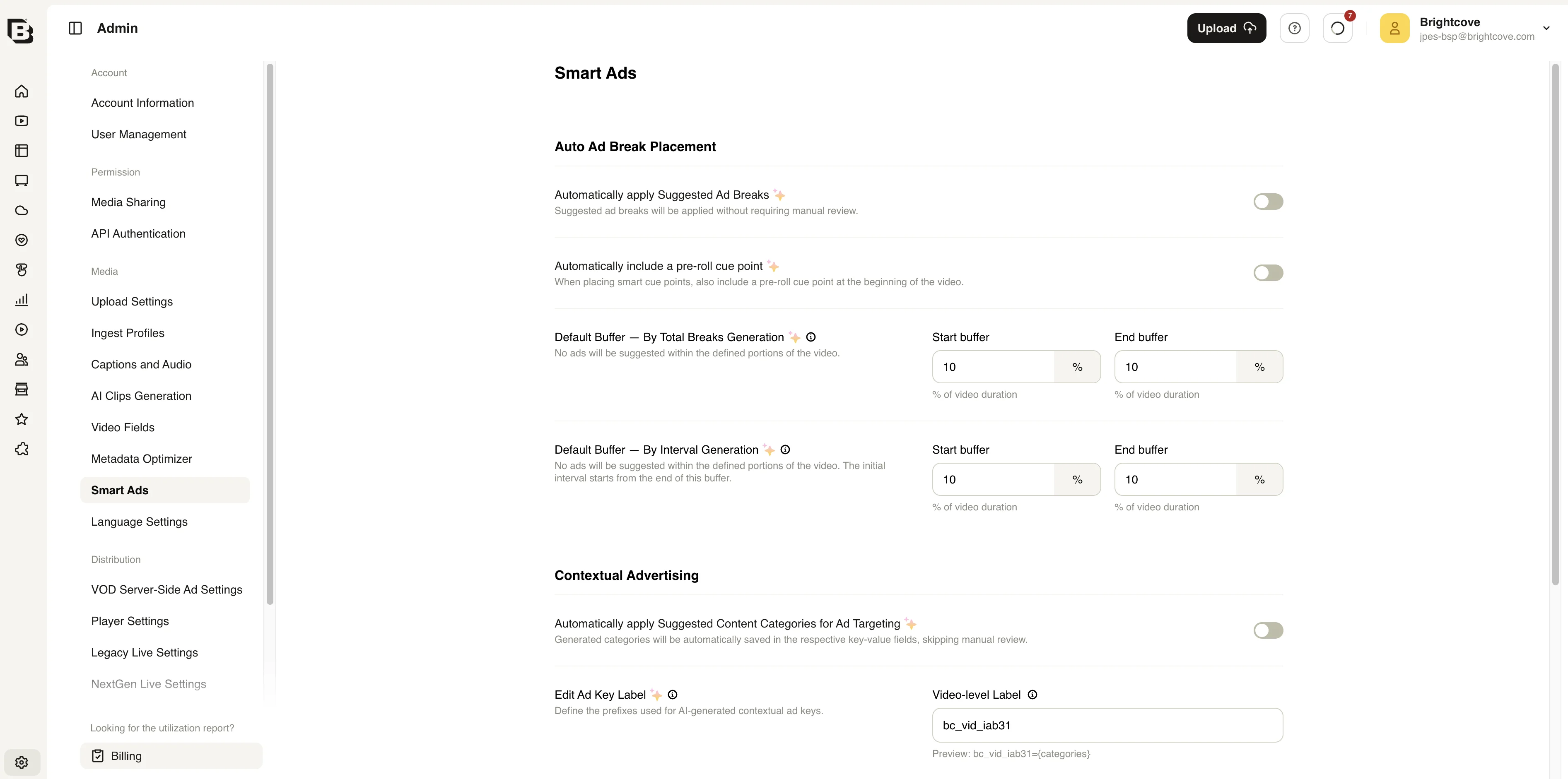 Admin Smart Ads page showing Auto Ad Break Placement settings