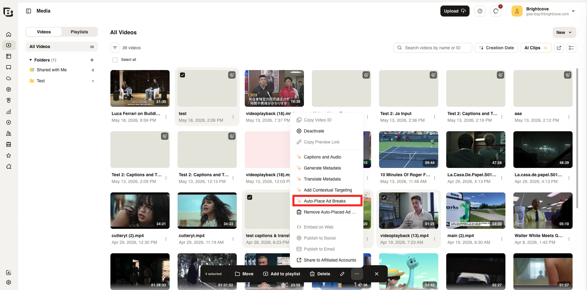 Media module video context menu with Auto-Place Ad Breaks option