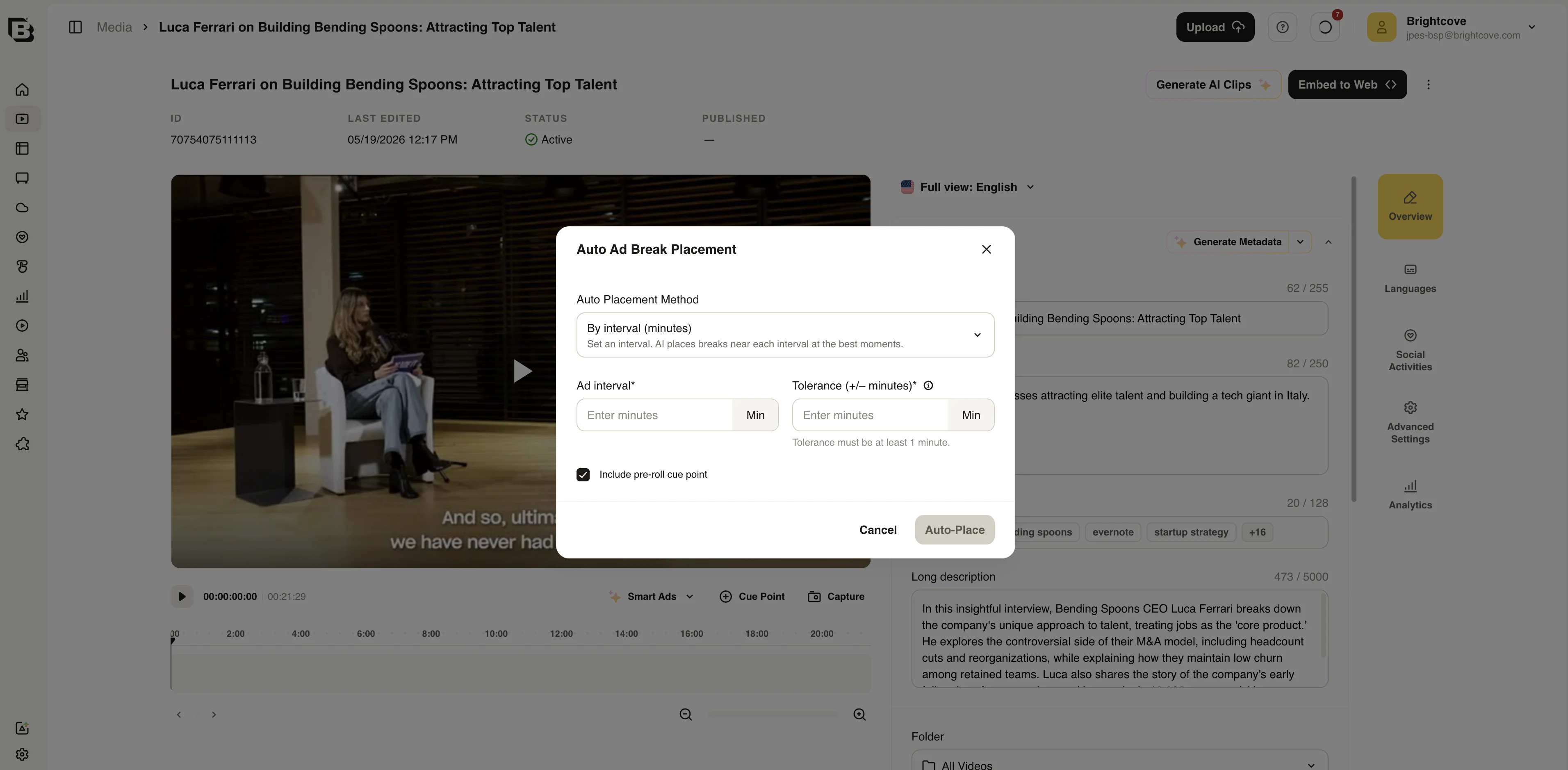 Auto Ad Break Placement dialog configured for By interval with interval and tolerance fields