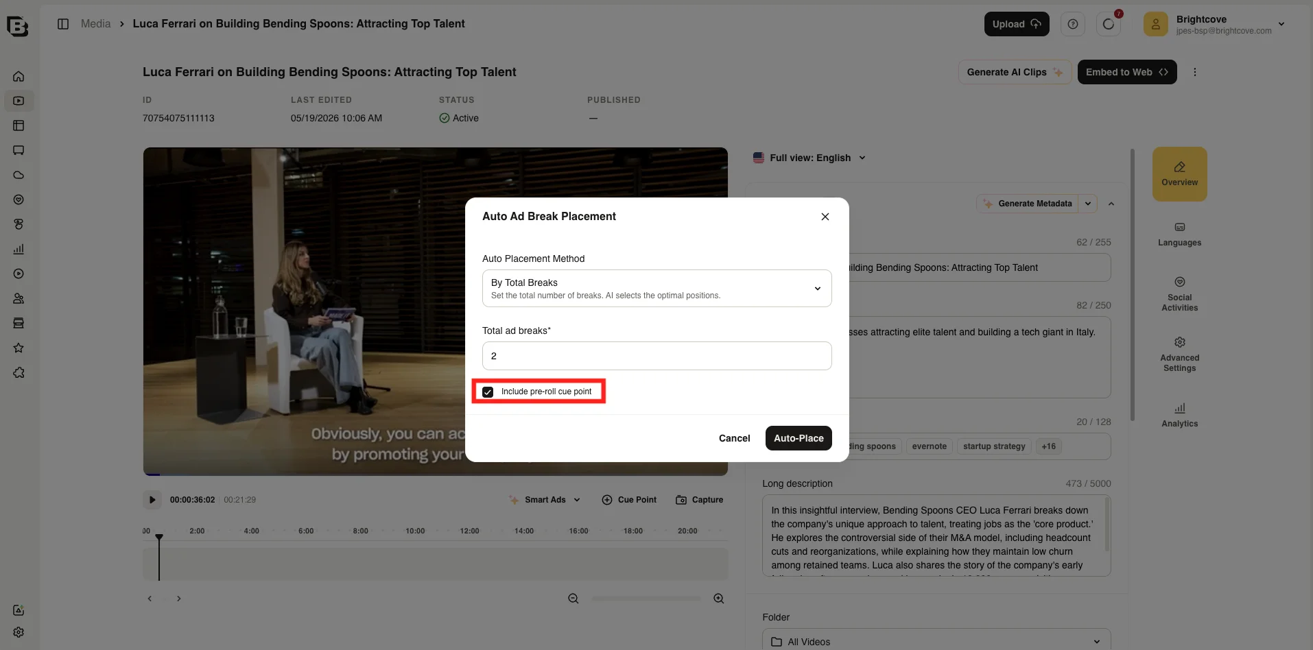 Auto Ad Break Placement dialog configured for By Total Breaks with pre-roll option