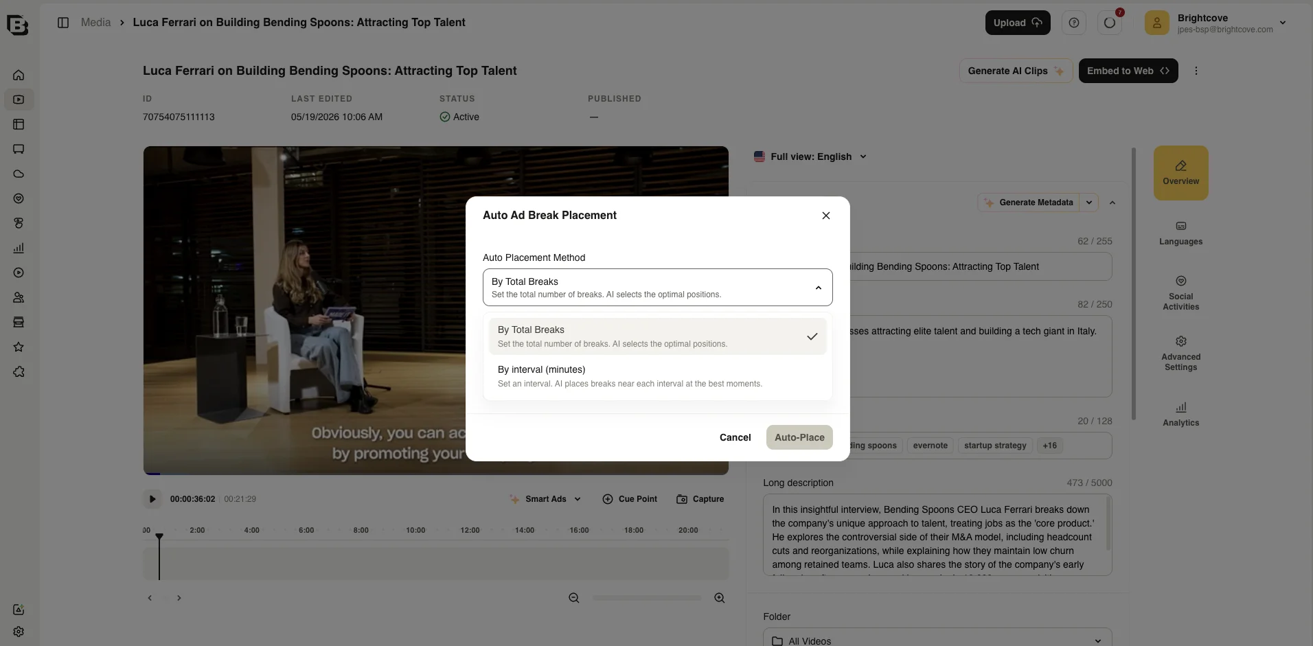 Auto Ad Break Placement dialog with placement method dropdown open