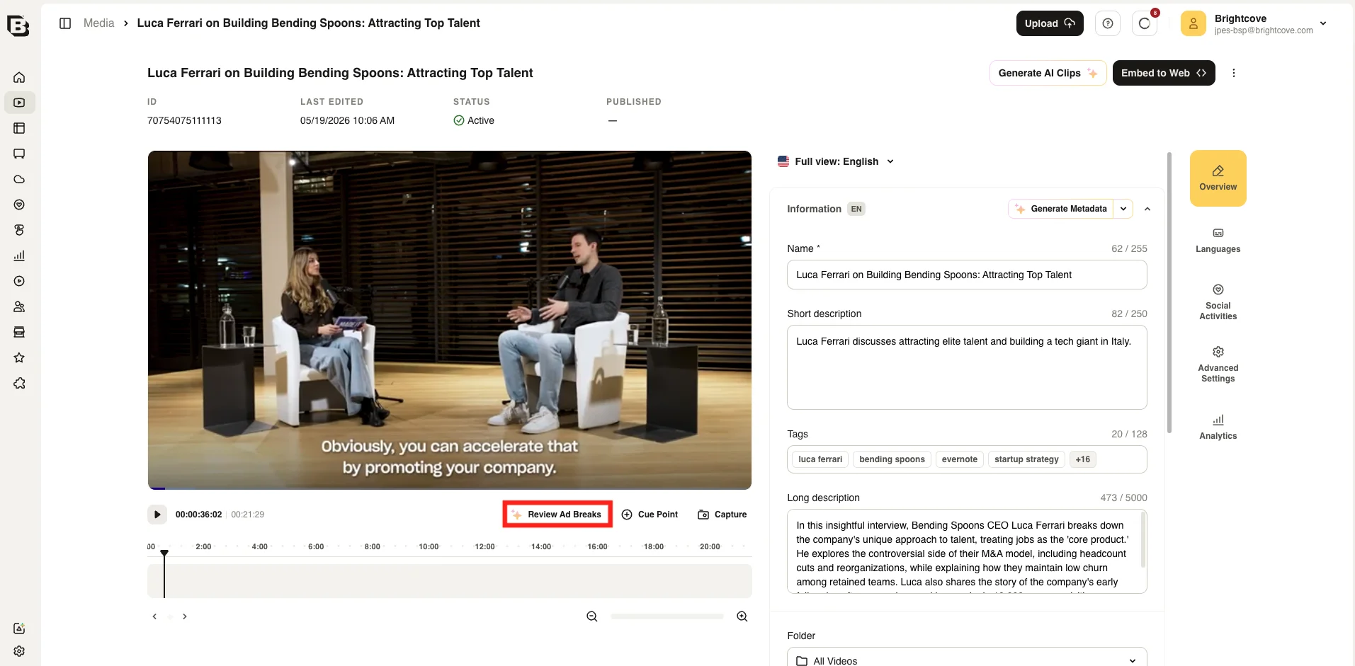 Video Details toolbar with Review Ad Breaks button