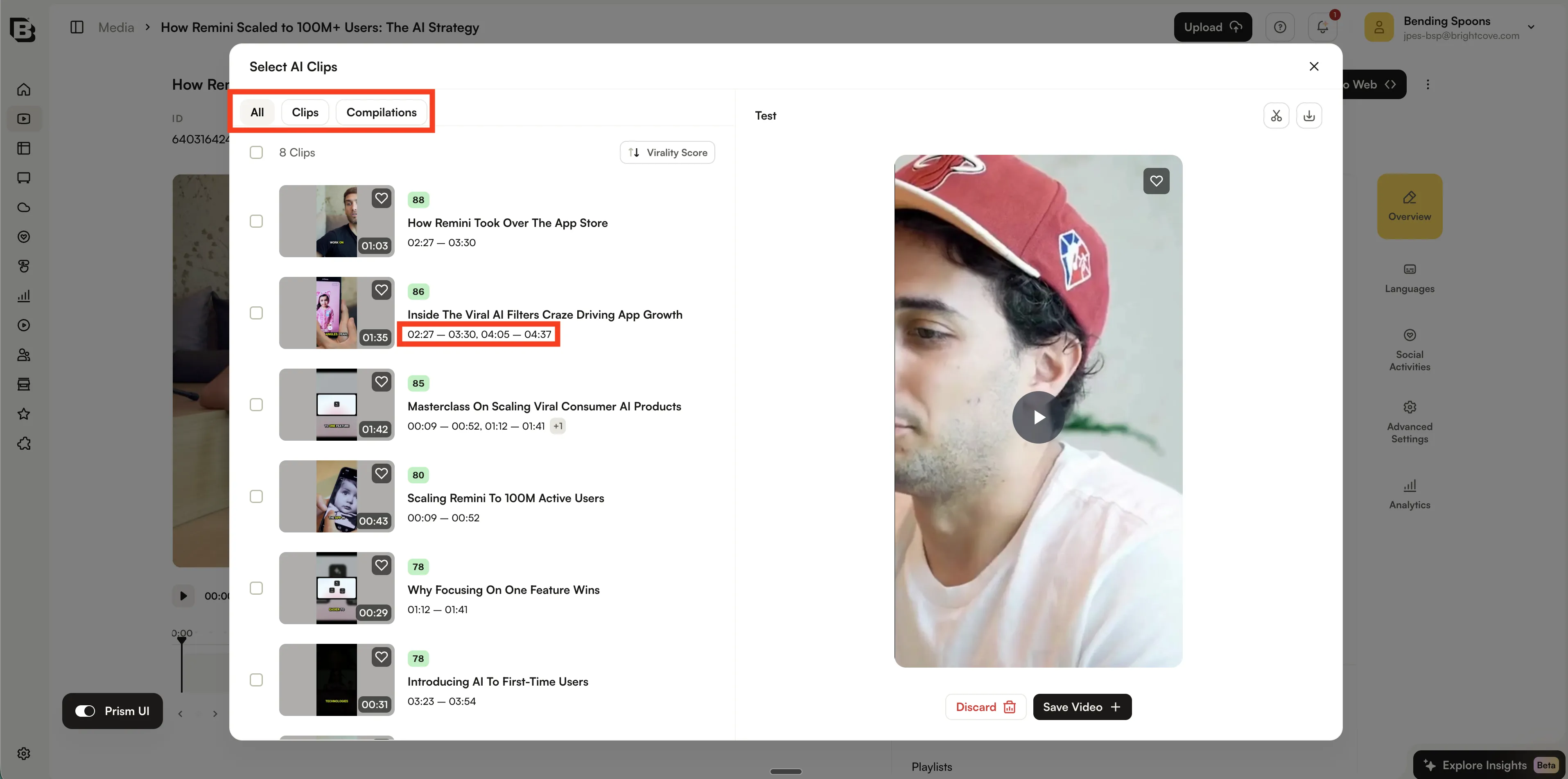 Select AI Clips modal showing filters for all clips, clips, and compilations