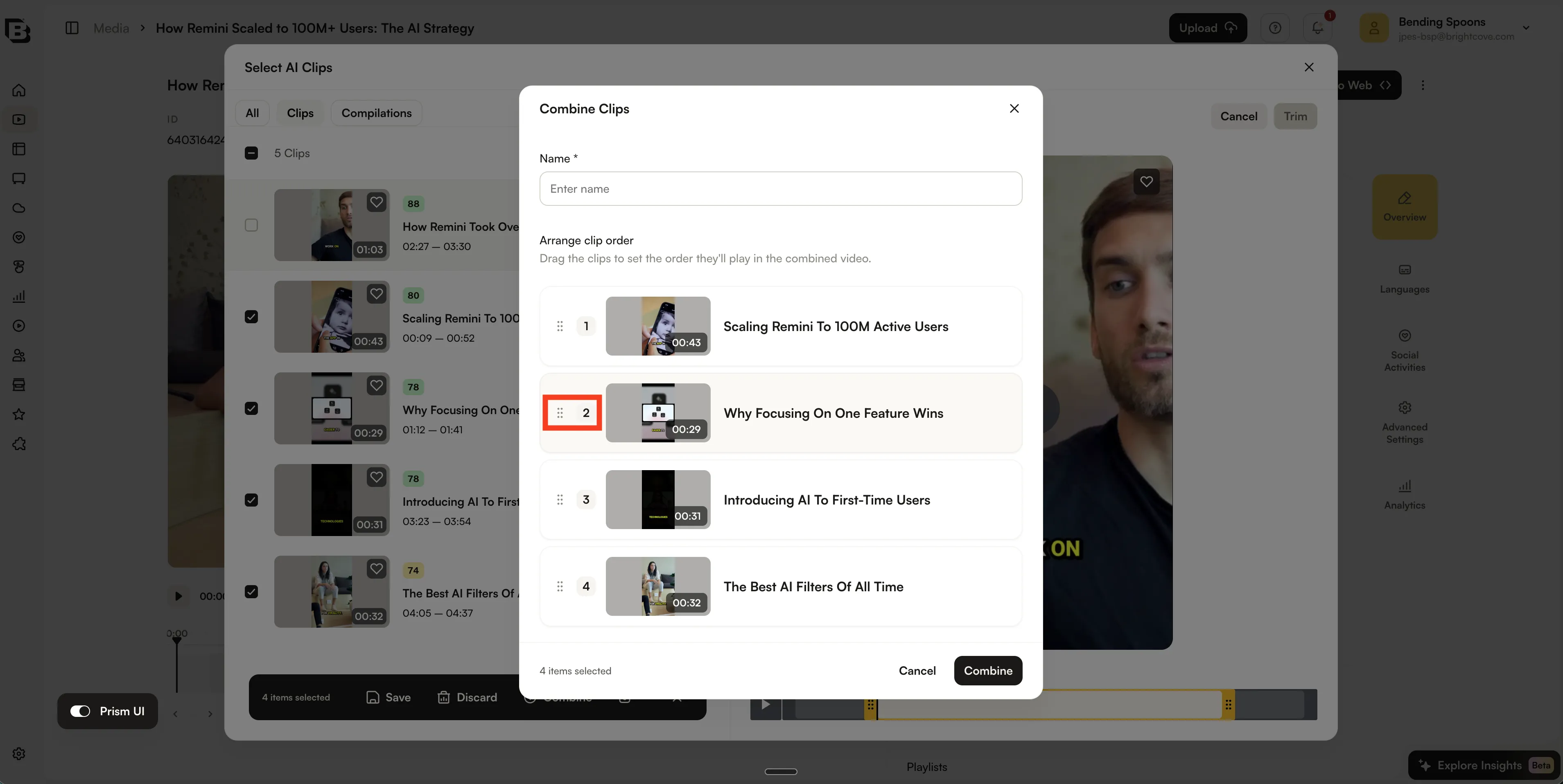 Combining AI clips and reordering them with drag handles