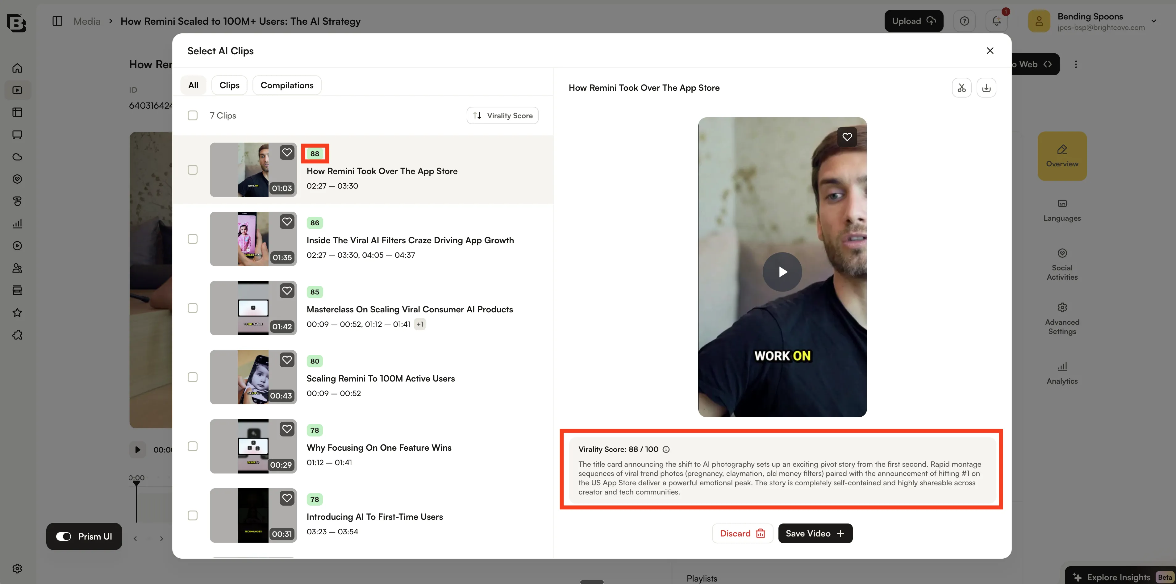 Clip card showing virality score and score explanation