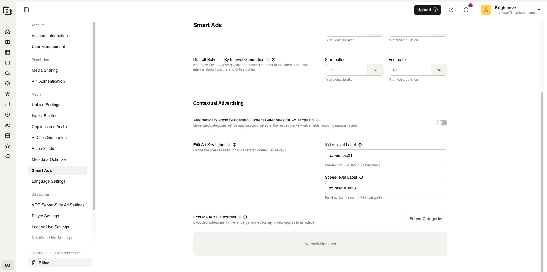 Admin Smart Ads page showing Contextual Advertising settings