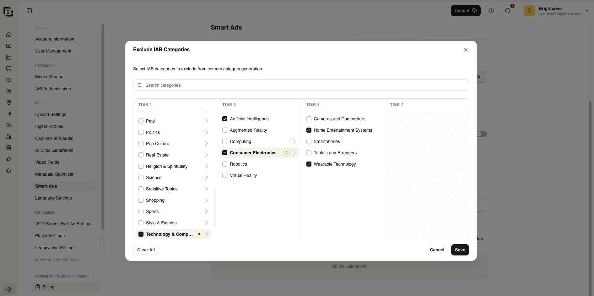 Exclude IAB Categories dialog with tiered category selection