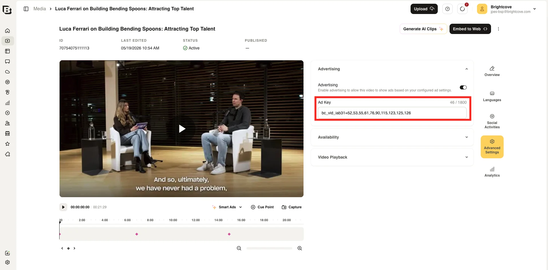 Advanced Settings Advertising section with Ad Key field