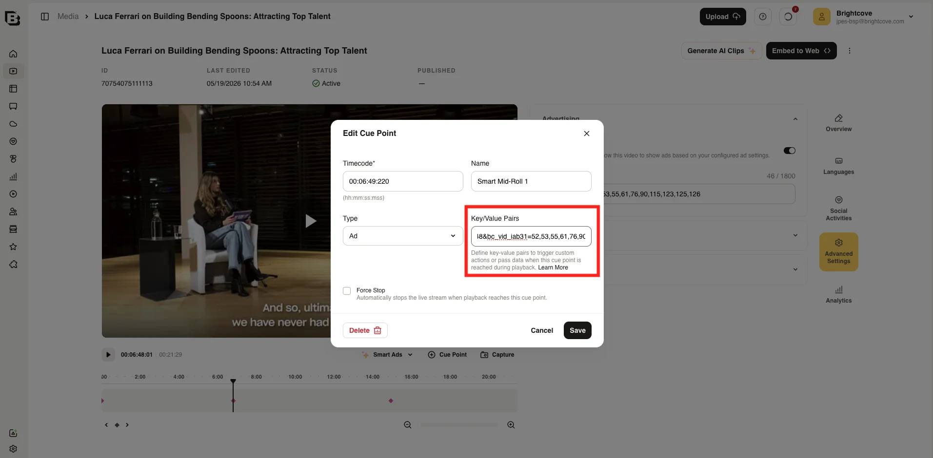 Edit Cue Point dialog with Key/Value Pairs field for contextual categories