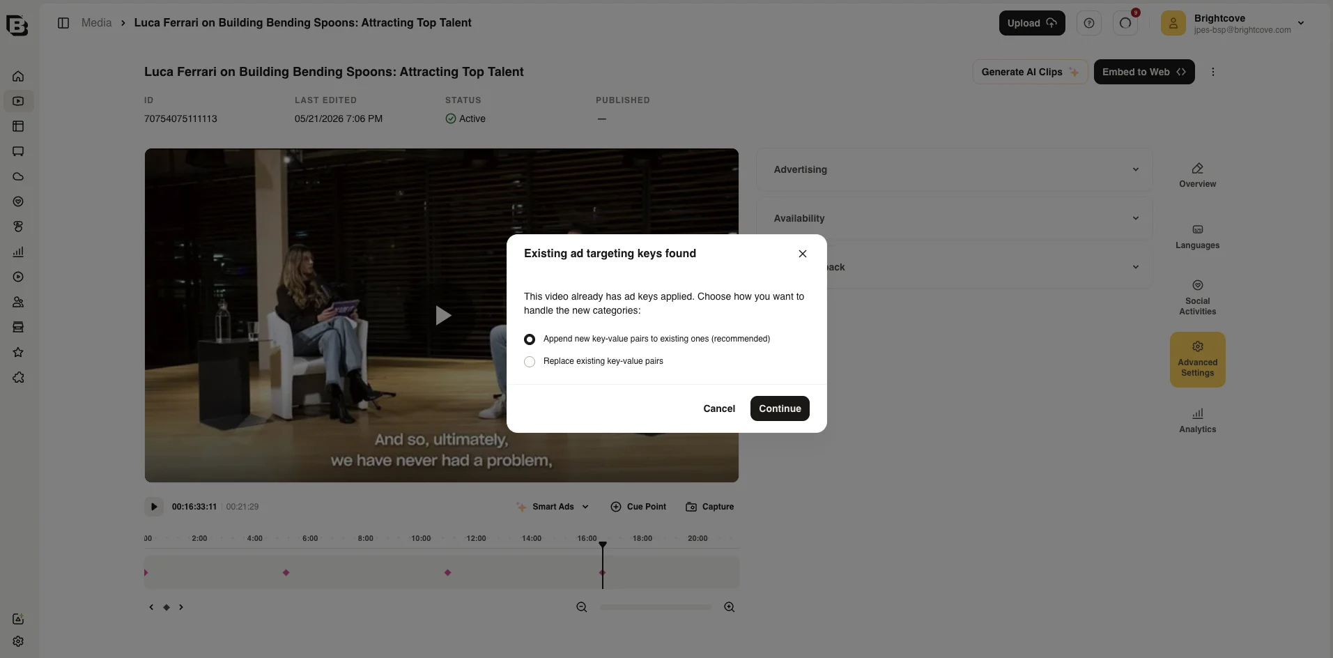 Existing ad targeting keys found dialog with append and replace options