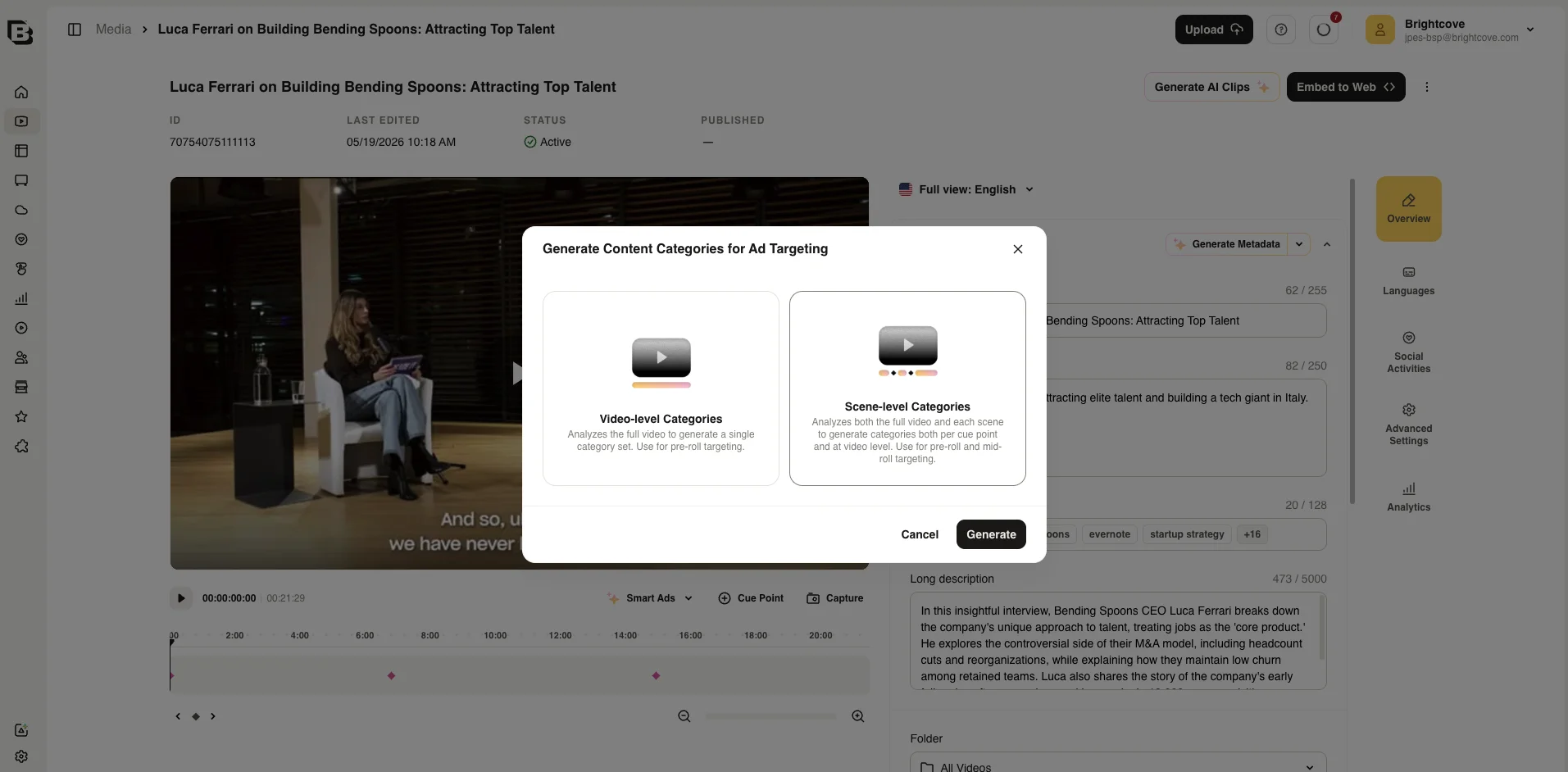 Generate Content Categories dialog showing Video-level and Scene-level options