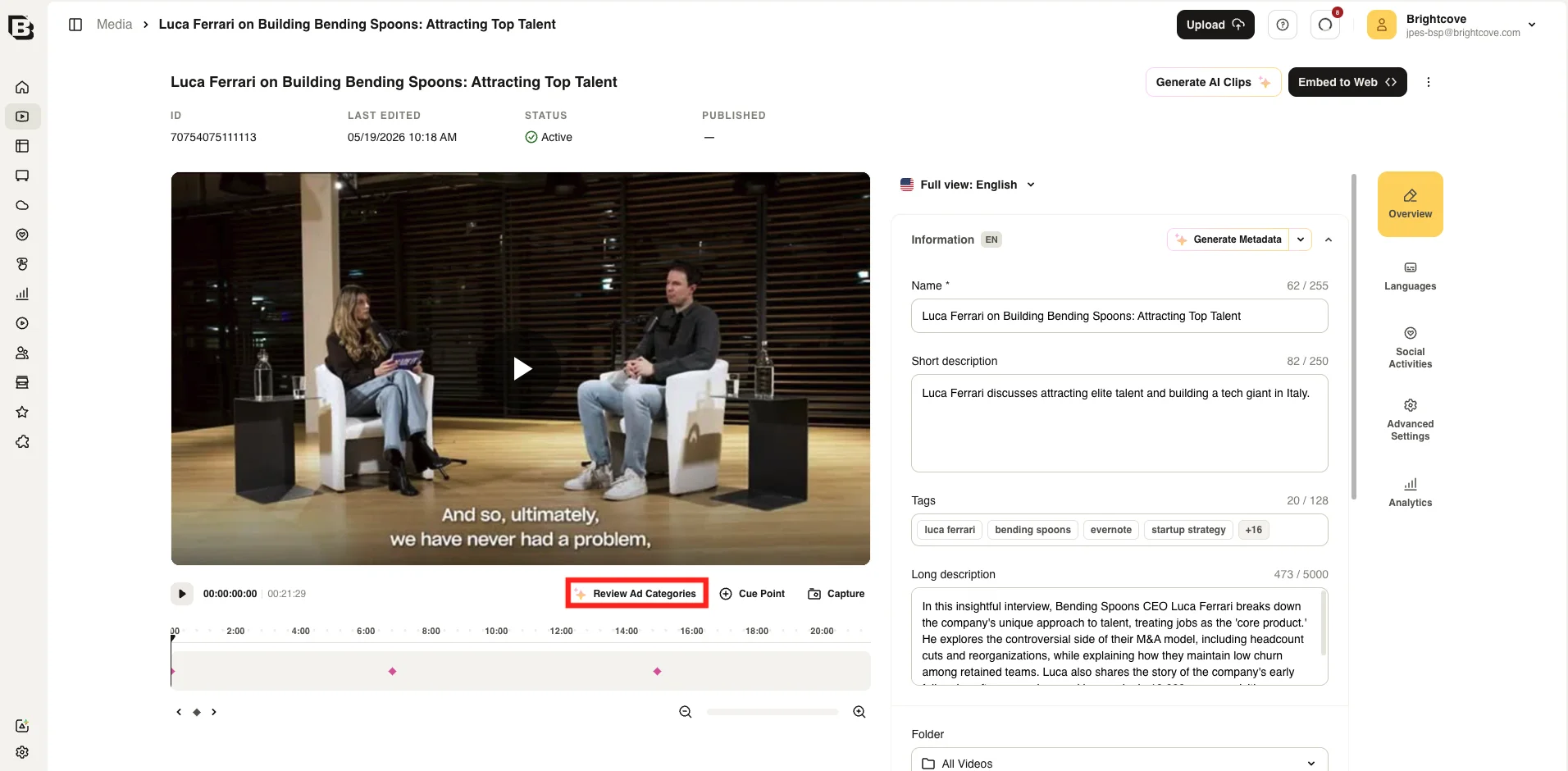 Video Details toolbar with Review Ad Categories button