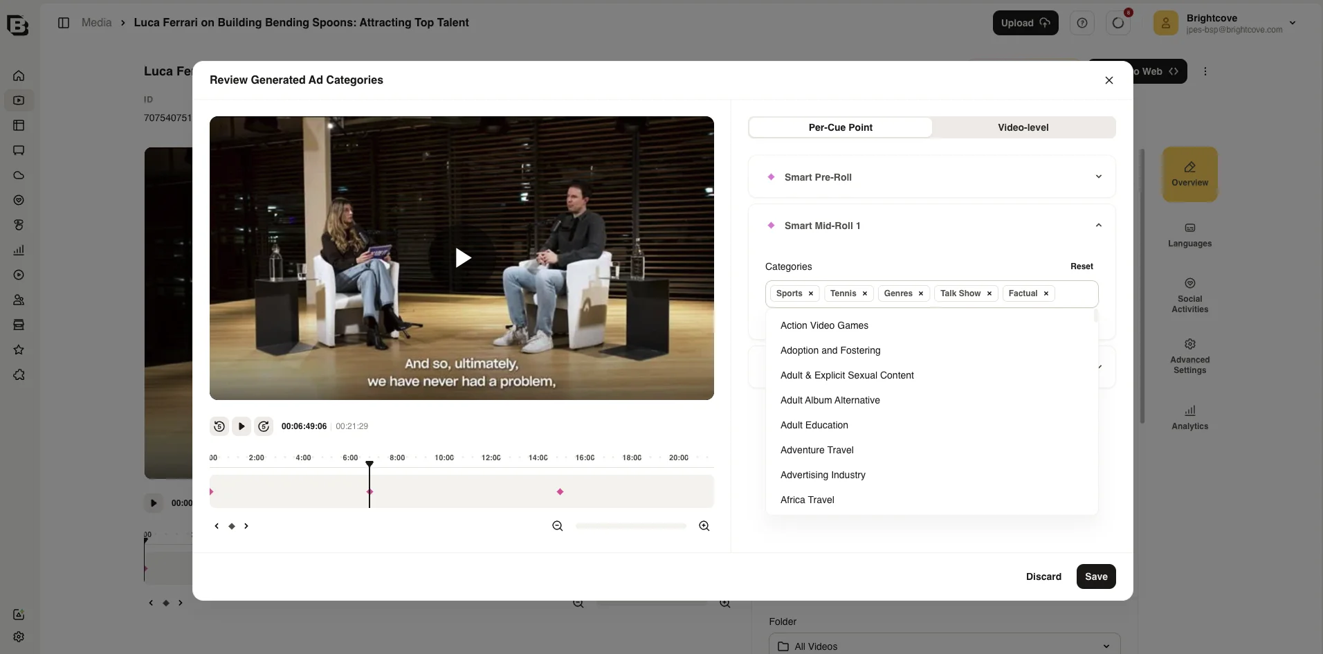 Review Generated Ad Categories dialog with Per-Cue Point tab and category tags