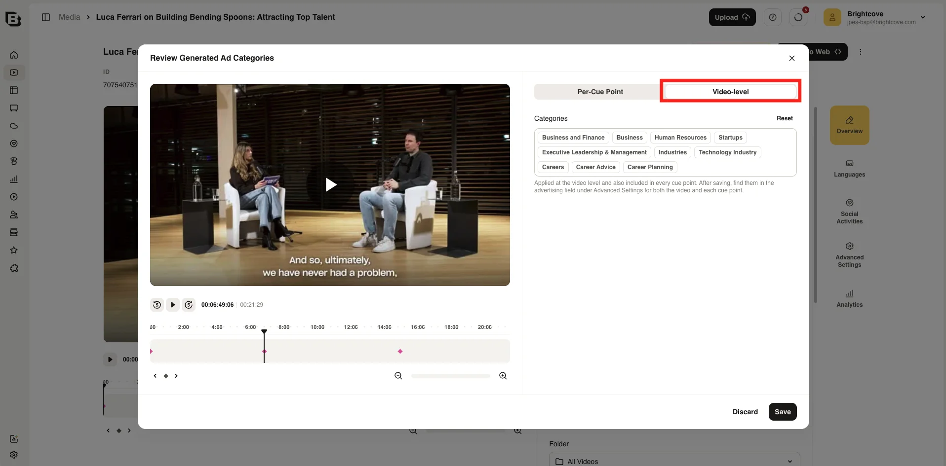 Review Generated Ad Categories dialog with Video-level tab selected