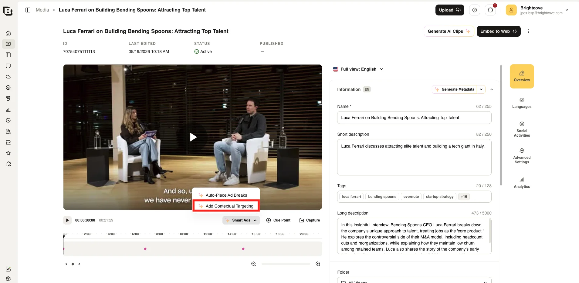 Video Details toolbar with Smart Ads menu open and Add Contextual Targeting selected