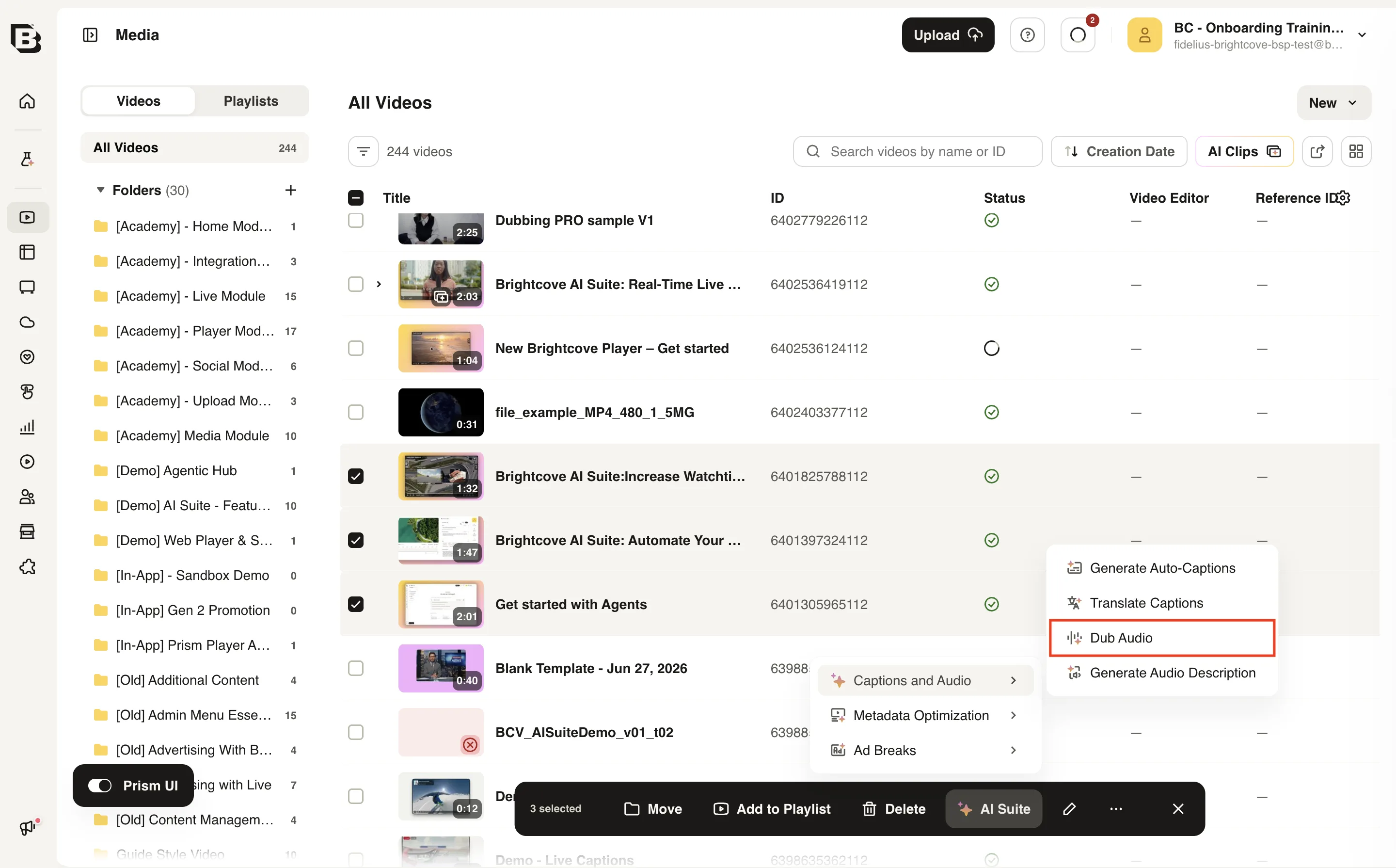 Media module selection with the AI Suite Captions and Audio menu open and Dub Audio highlighted
