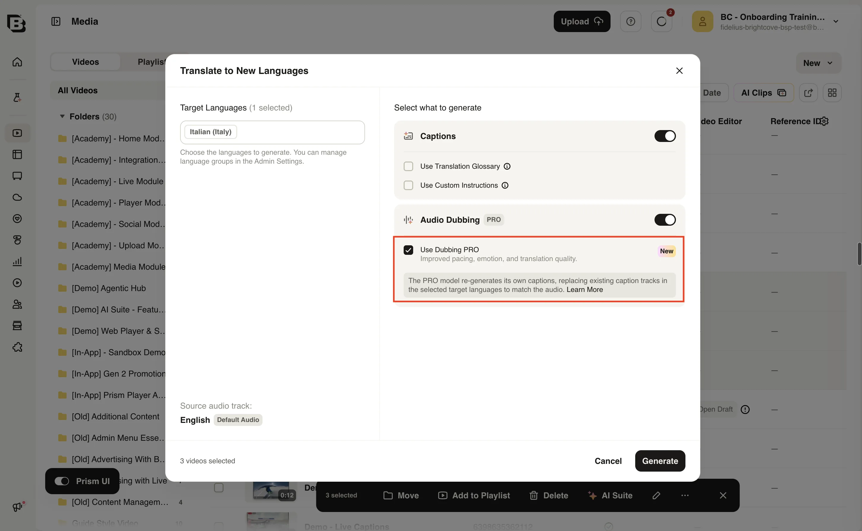 Bulk Translate to New Languages dialog with Audio Dubbing PRO and Use Dubbing PRO selected