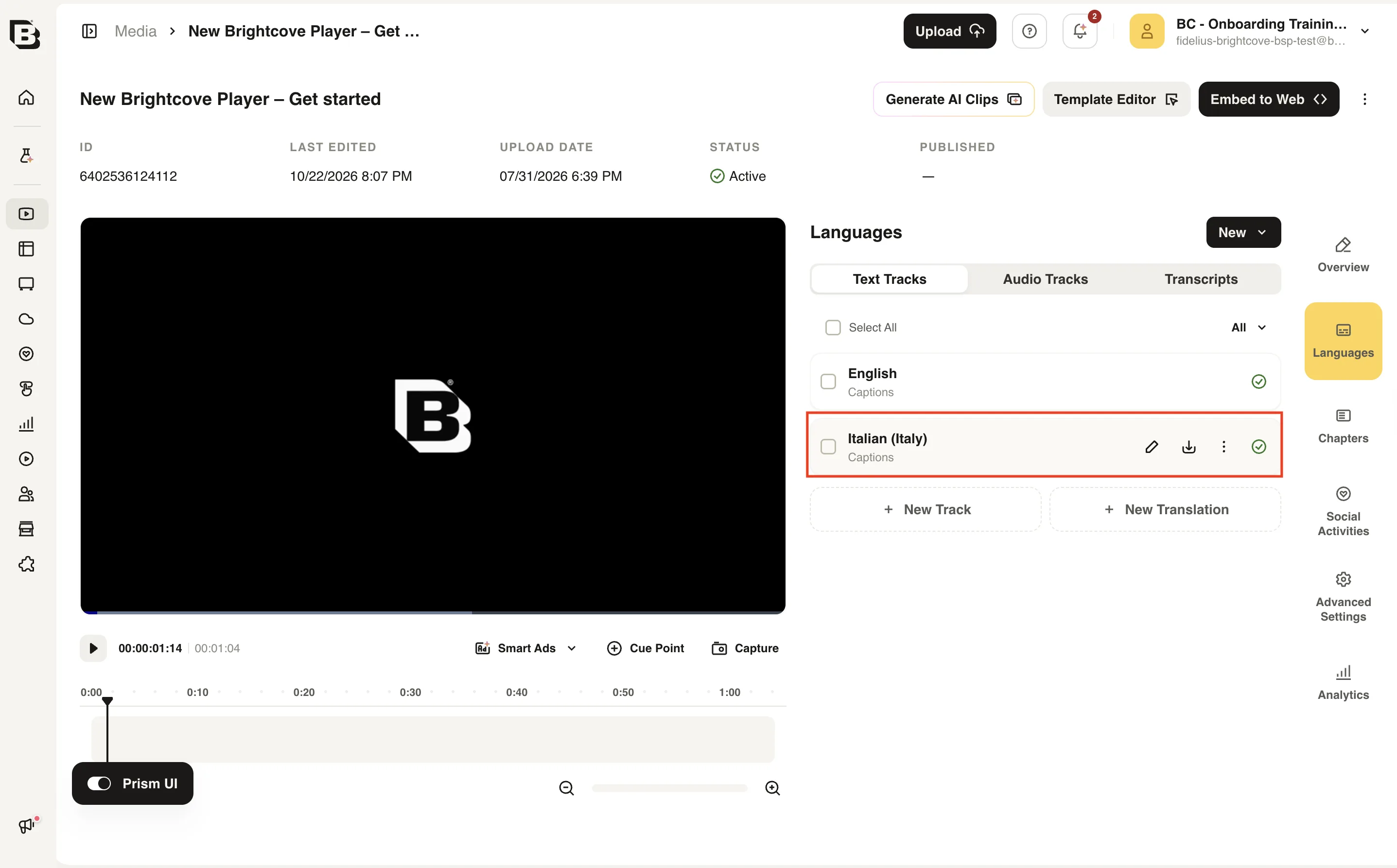 Text Tracks tab showing the Italian caption track with edit actions