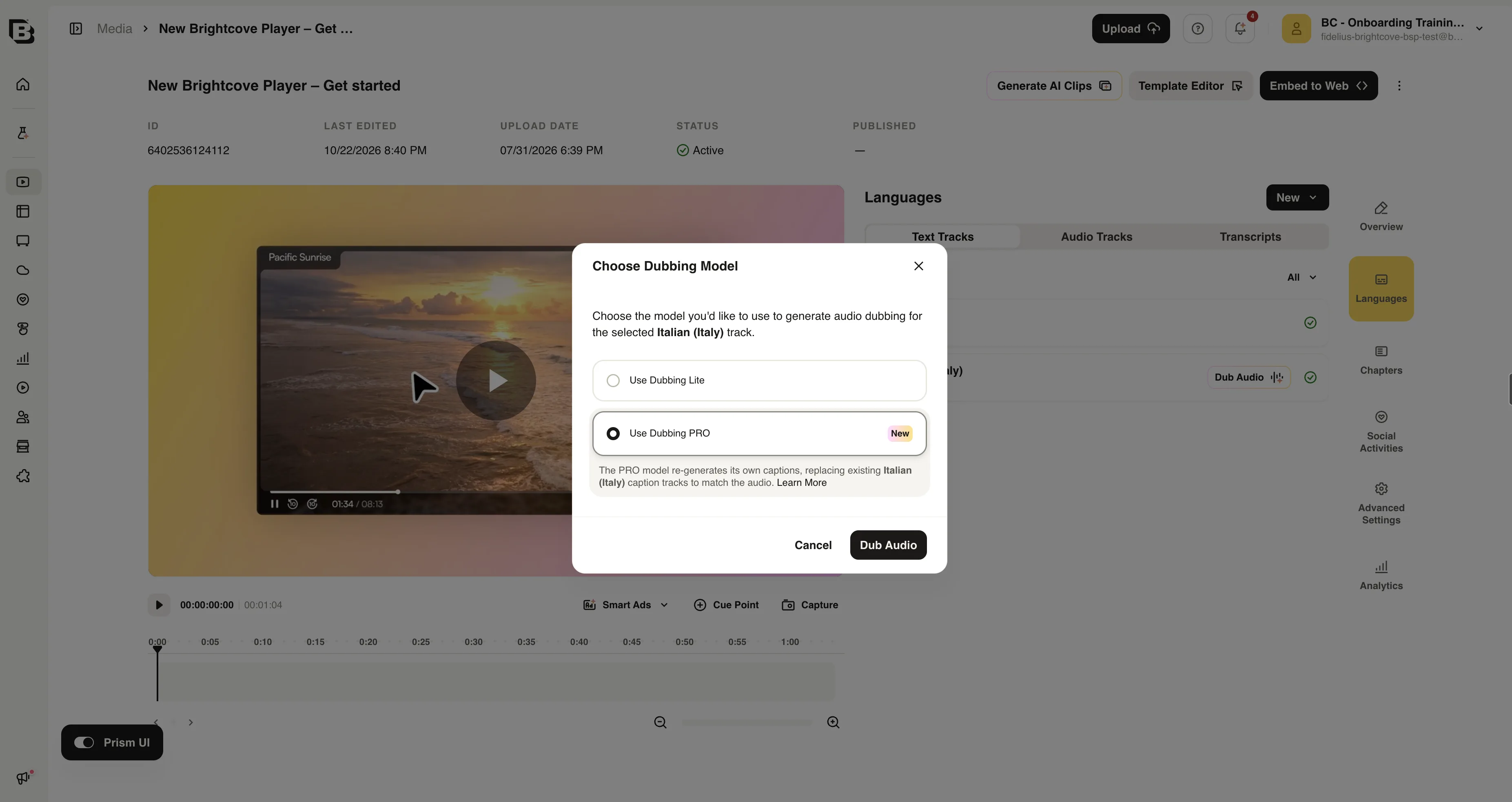 Choose Dubbing Model dialog with Use Dubbing PRO selected