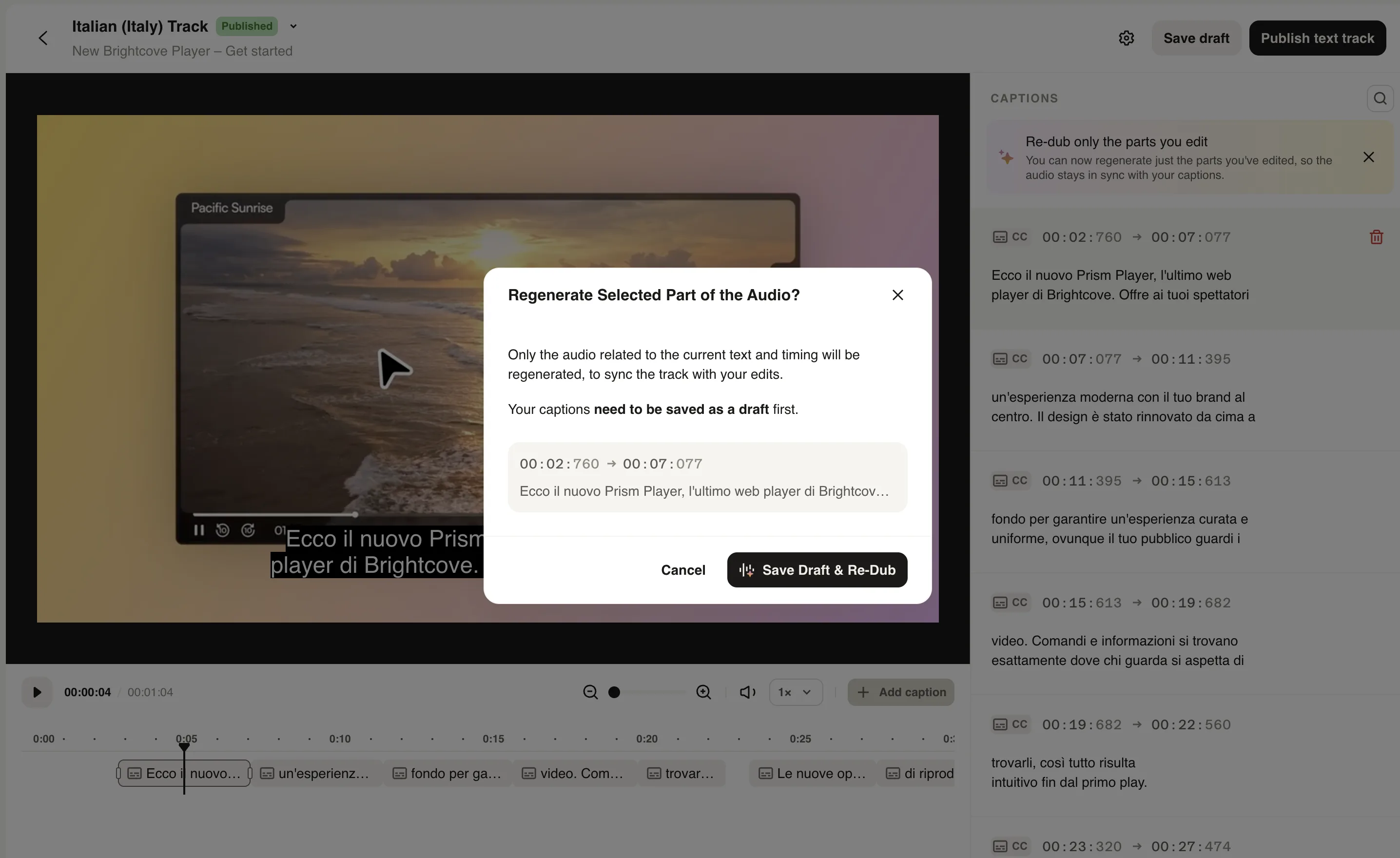 Regenerate Selected Part of the Audio dialog with Save Draft and Re-Dub
