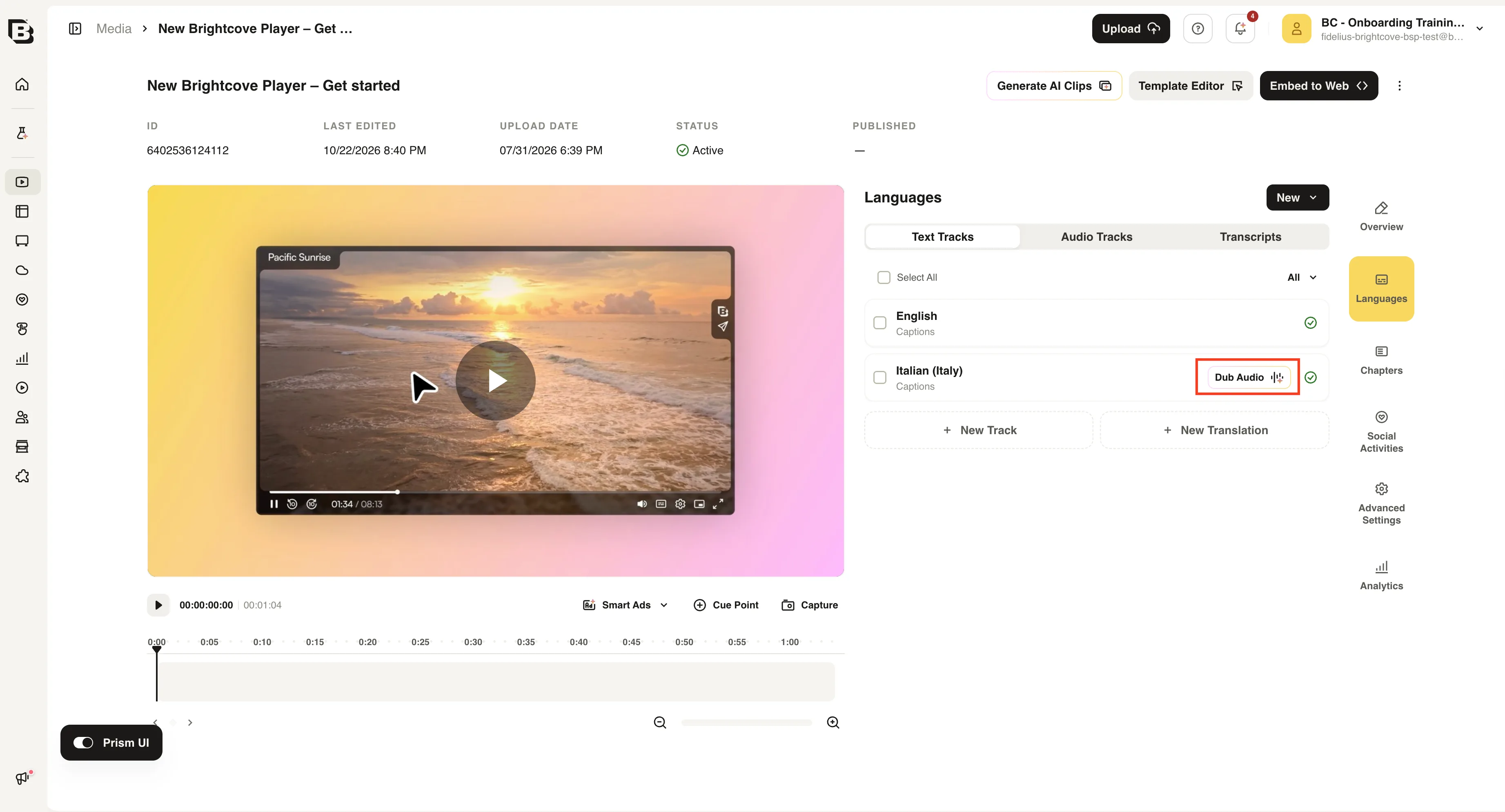 Text Tracks tab with the Dub Audio button on an existing Italian caption translation