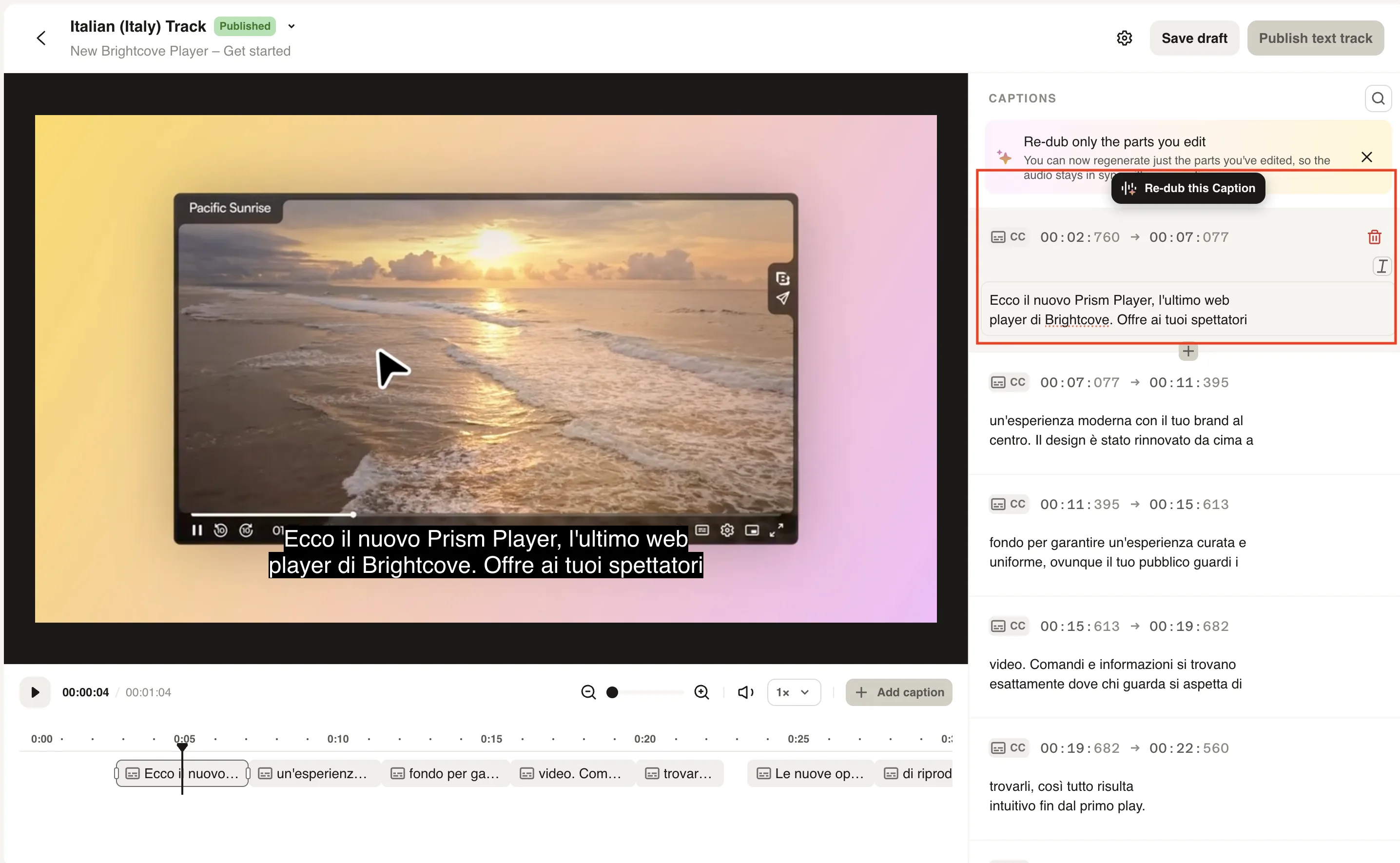 Caption editor with Re-dub this Caption highlighted for an edited caption block