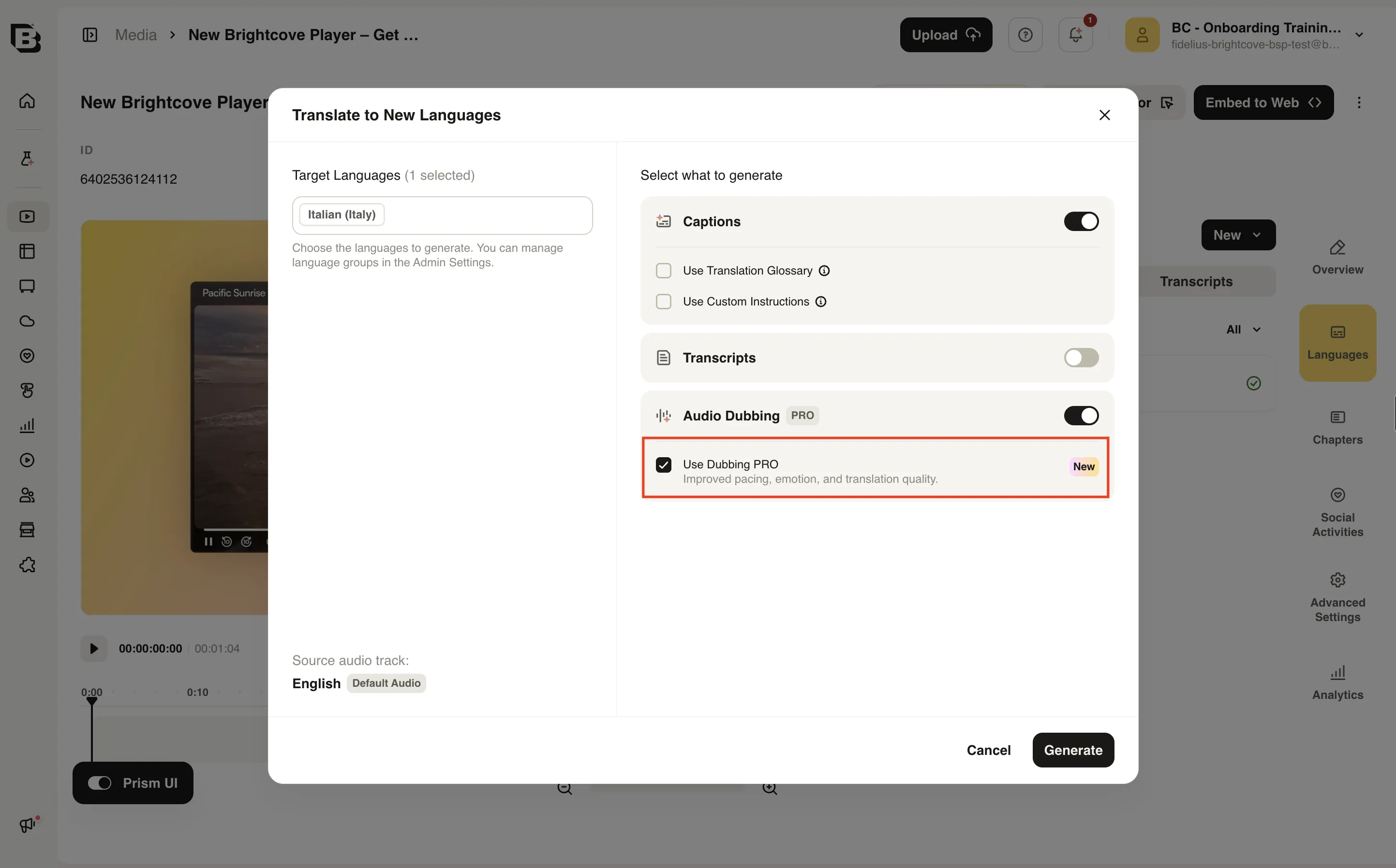 Translate to New Languages dialog with Audio Dubbing PRO turned on and Use Dubbing PRO selected