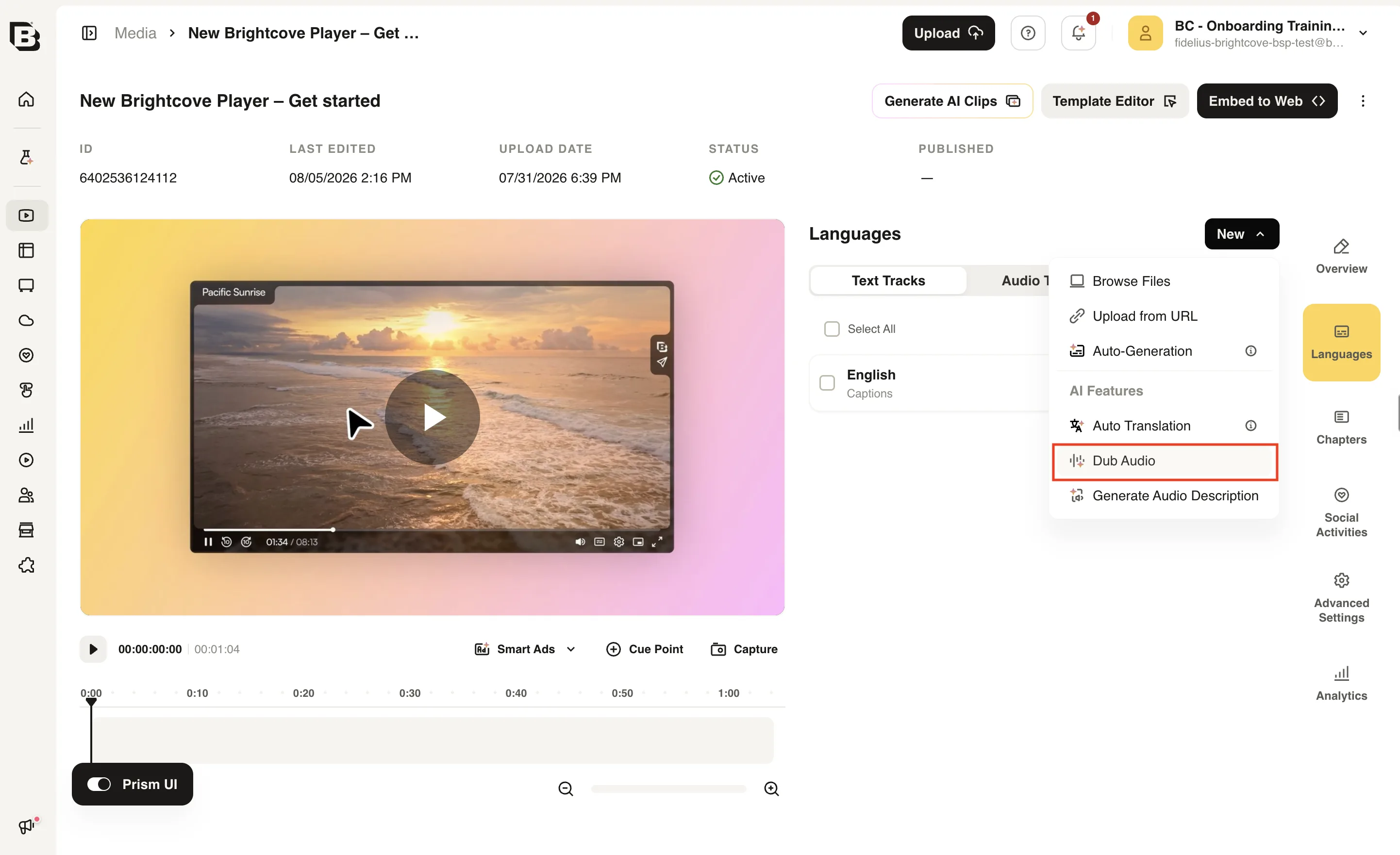 Languages section with the New menu open and Dub Audio highlighted