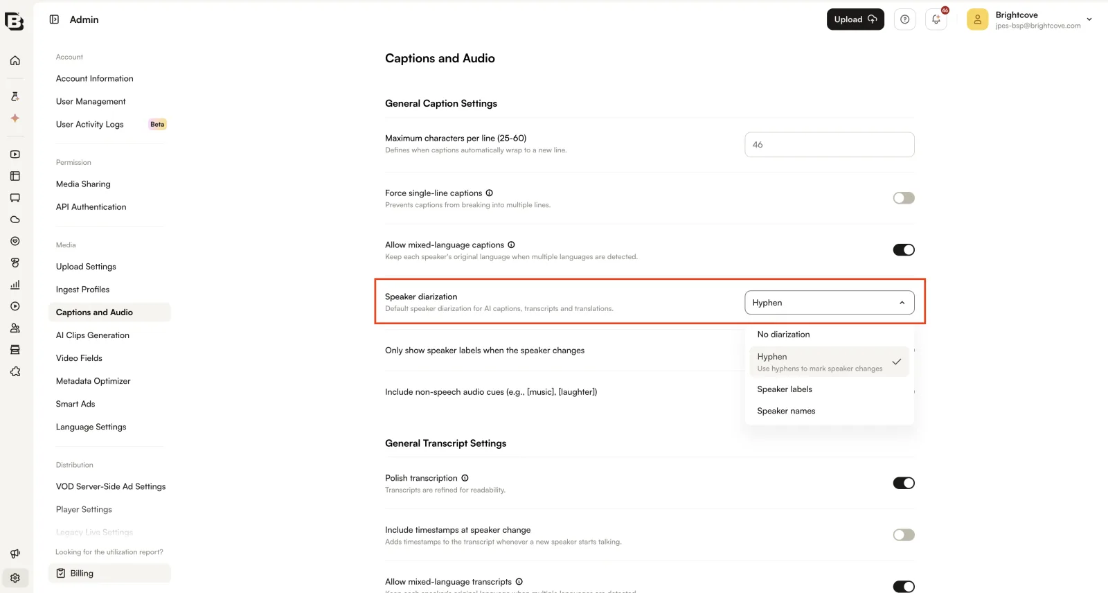 Admin module showing the Speaker diarization dropdown with No diarization, Hyphen, Speaker labels, and Speaker names options