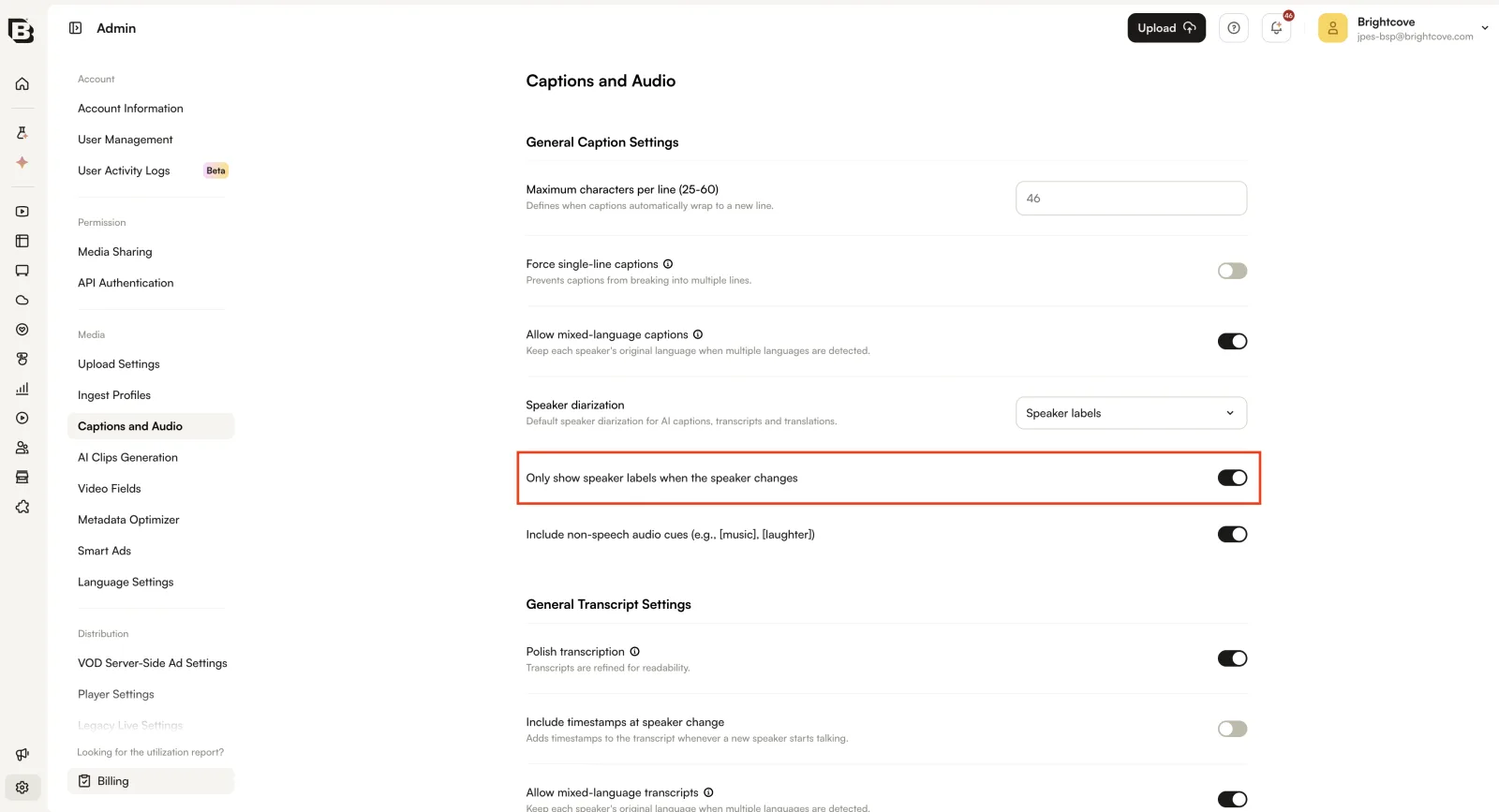 Admin module with Speaker labels selected and Only show speaker labels when the speaker changes enabled