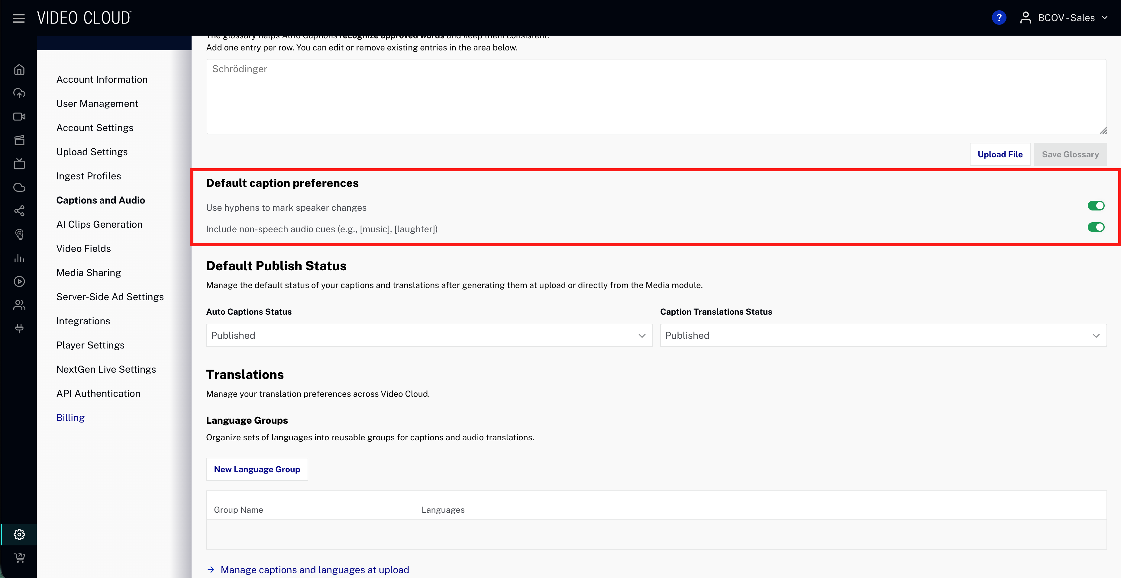 Admin module showing independent toggles for Audio Cues and Speaker Attribution