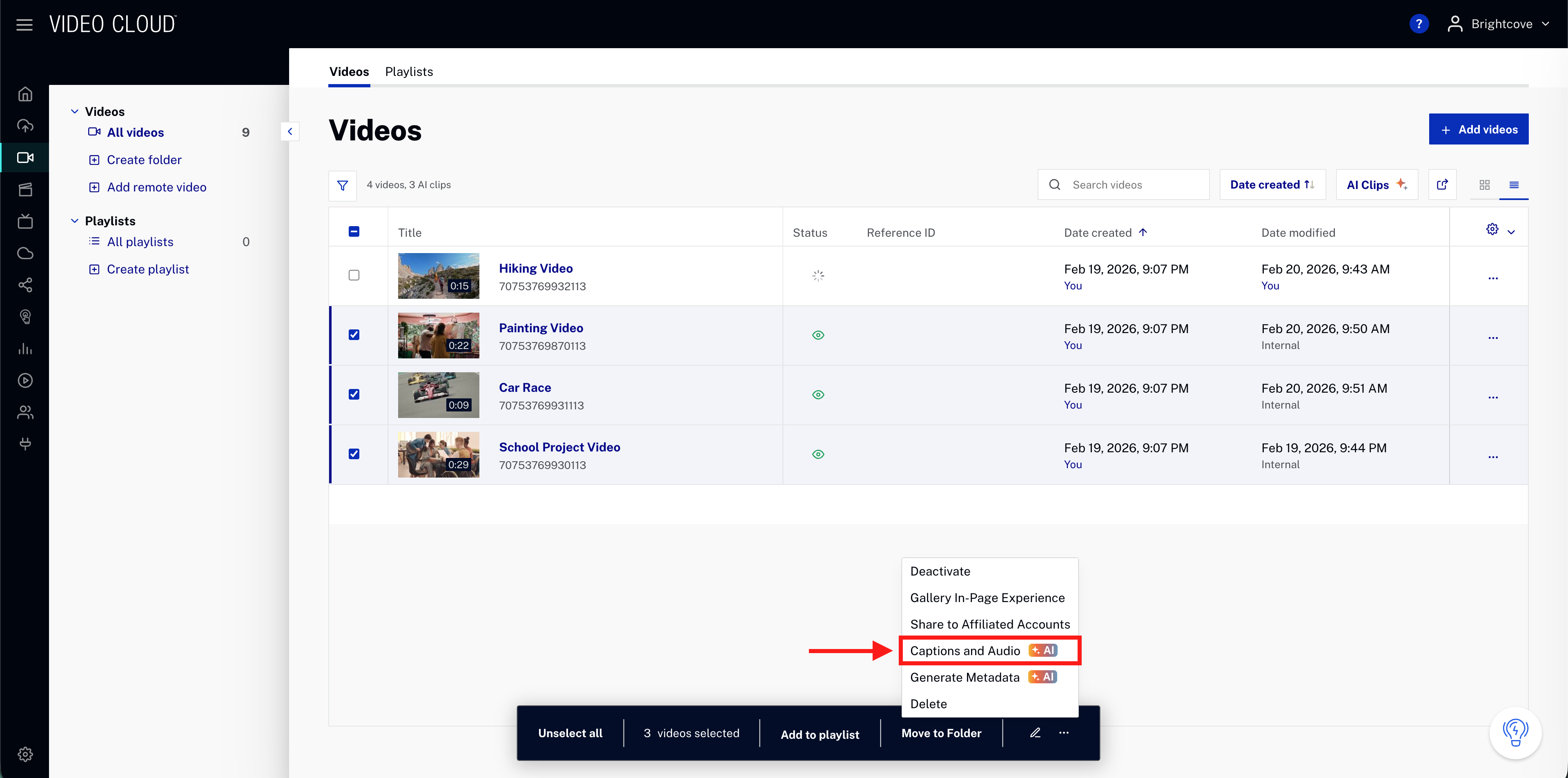Media module with multiple videos selected and Captions and Audio menu option highlighted