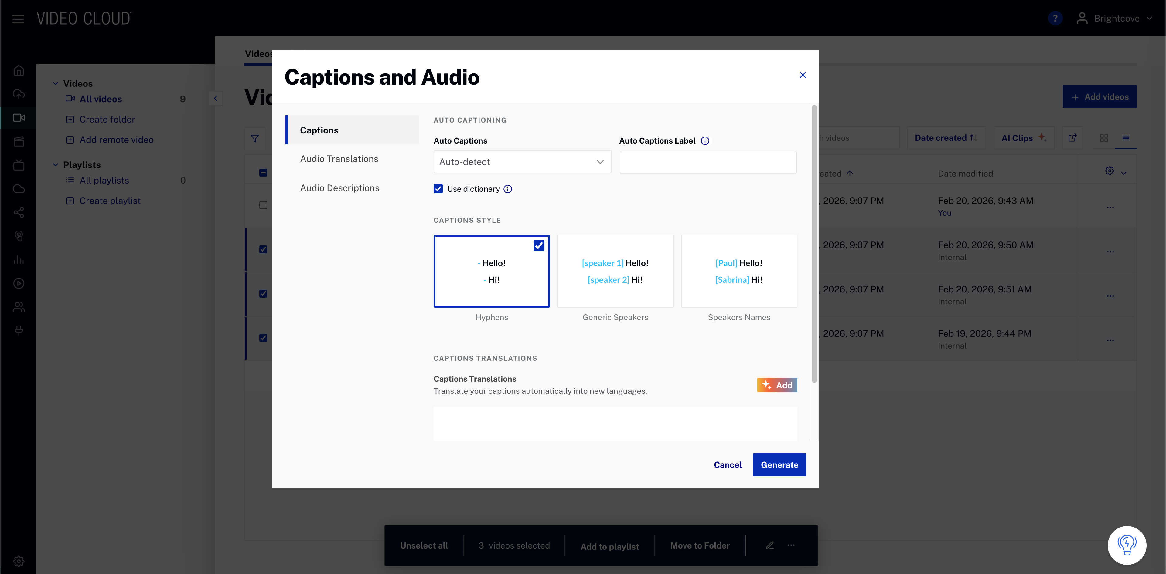 Bulk captions dialog showing speaker attribution style dropdown and language selection
