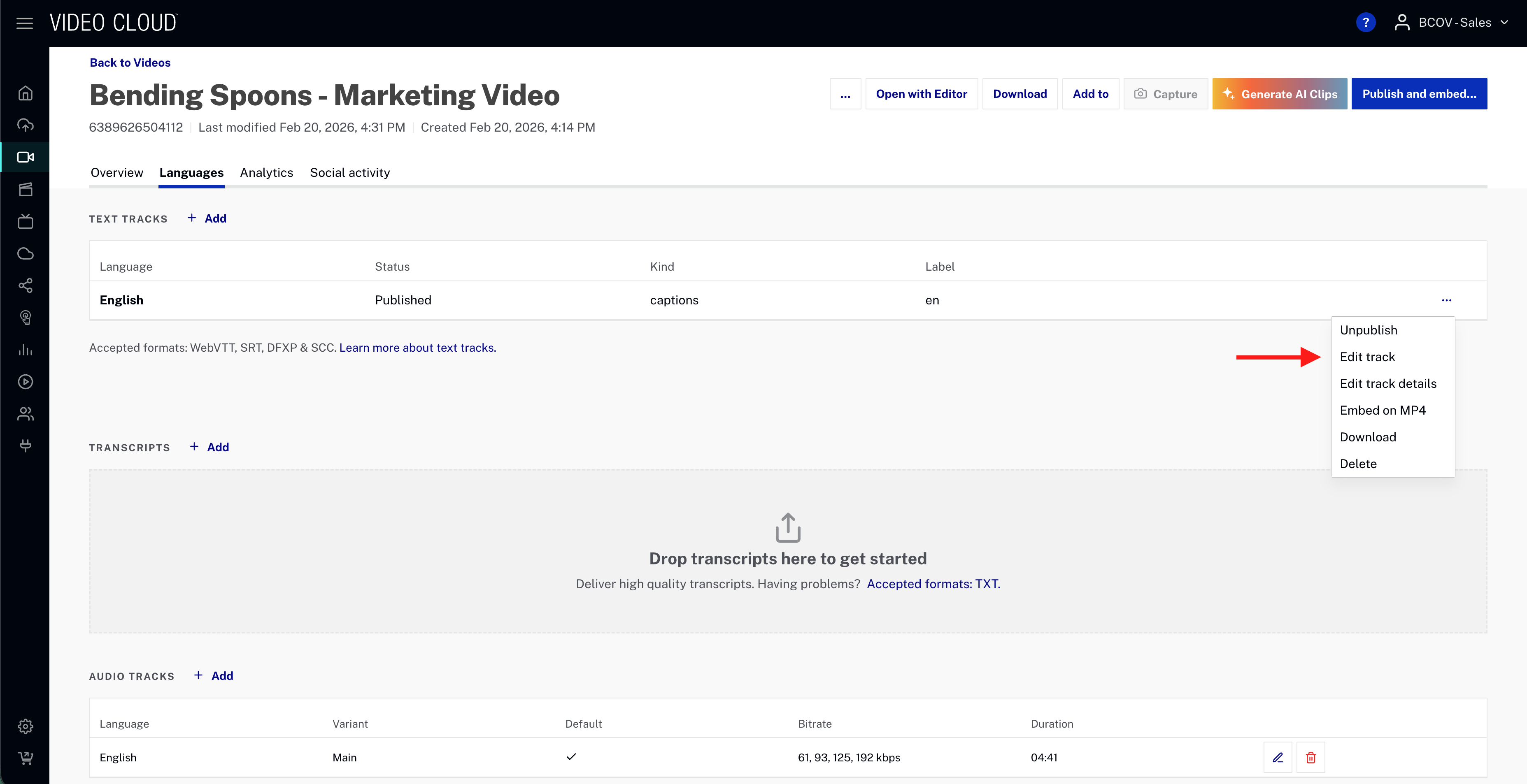 Languages section showing three-dot menu expanded with Edit track option