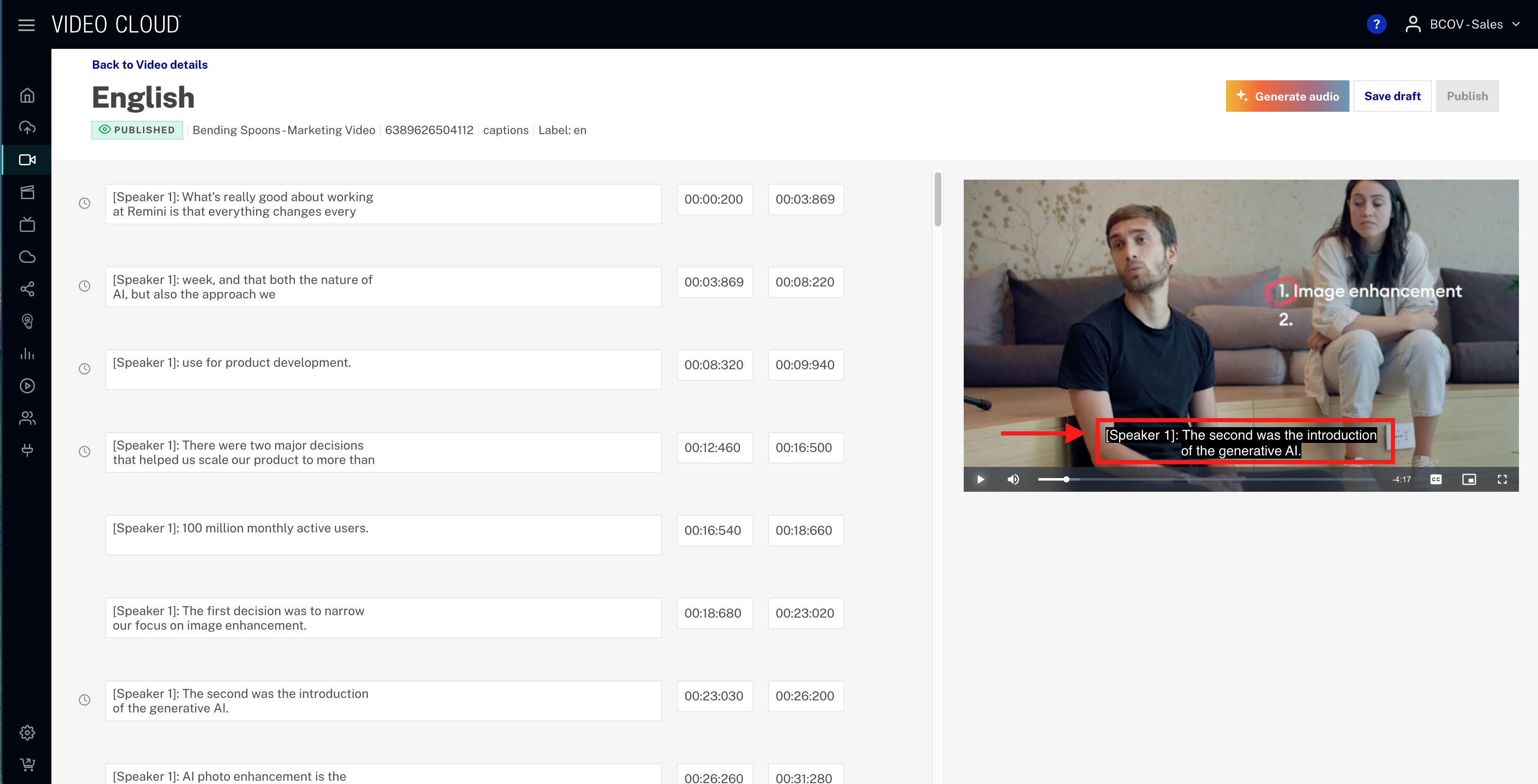 Caption editor with audio cues in square brackets and speaker names visible in text