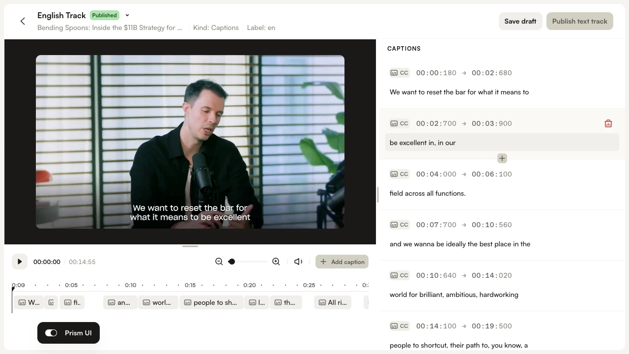 Caption editor with audio cues in square brackets and speaker names visible in text