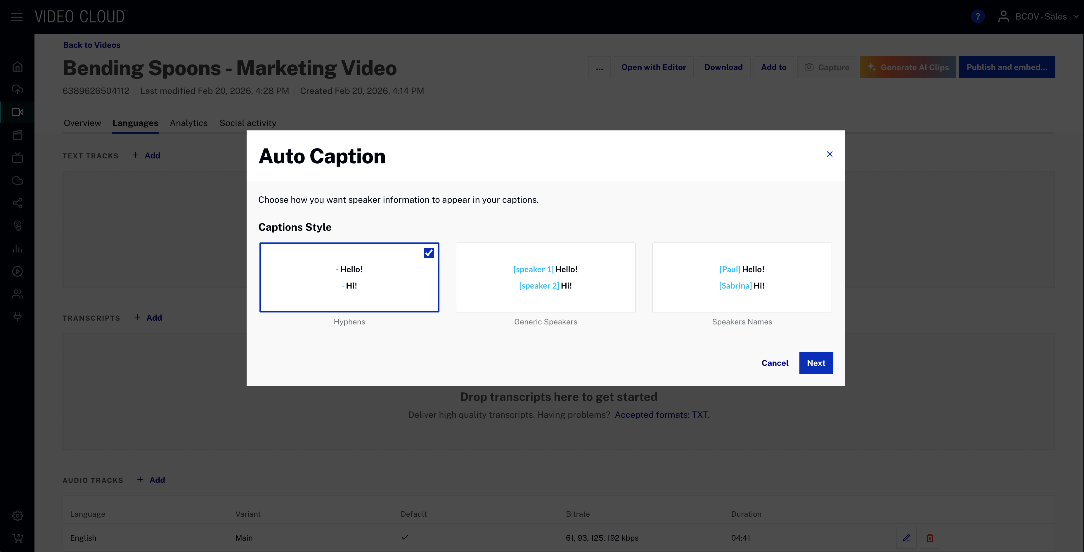 Video Details Languages section with speaker attribution style selector