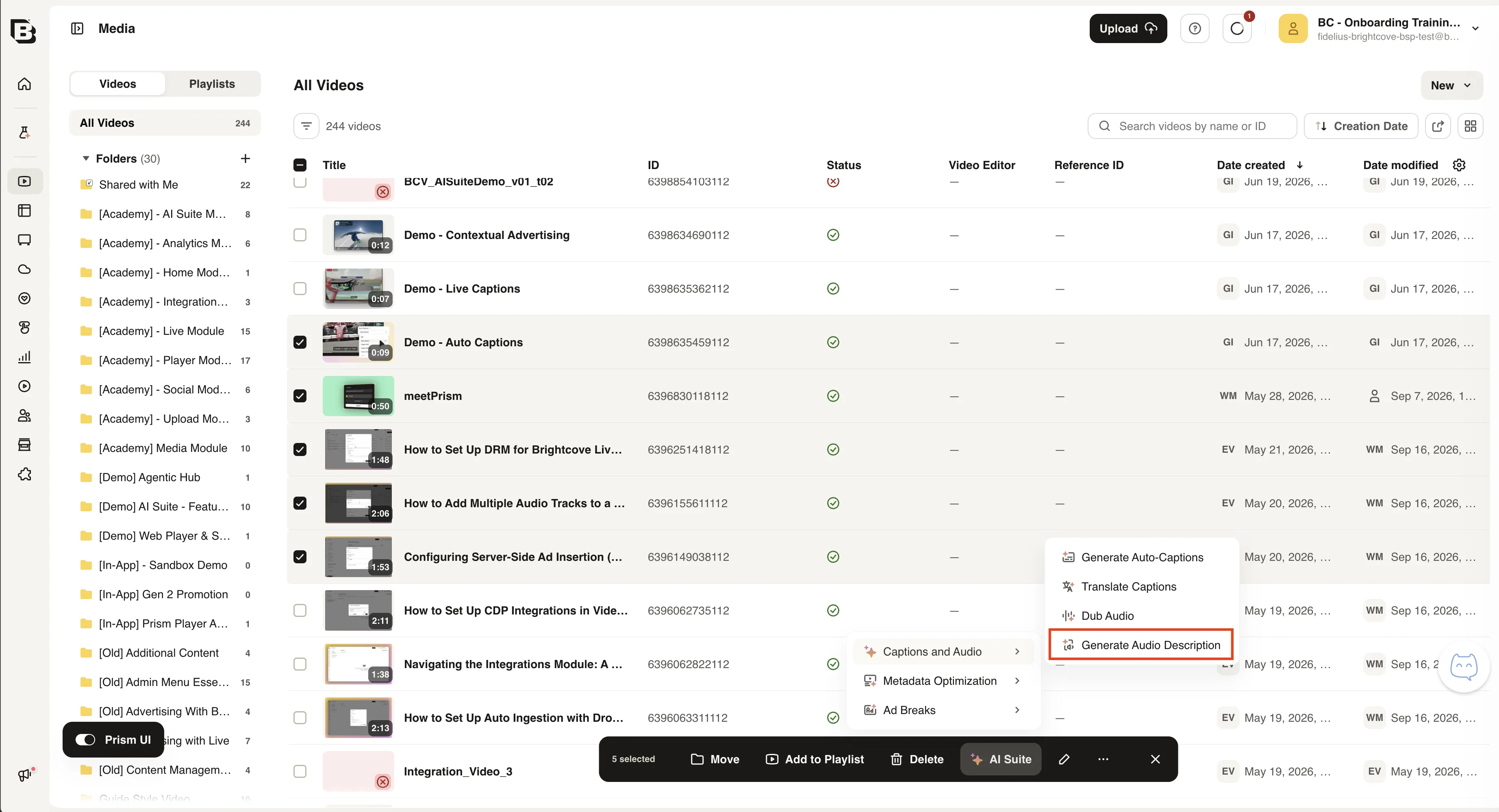 Media module selection with the AI Suite Captions and Audio menu open and Generate Audio Description highlighted