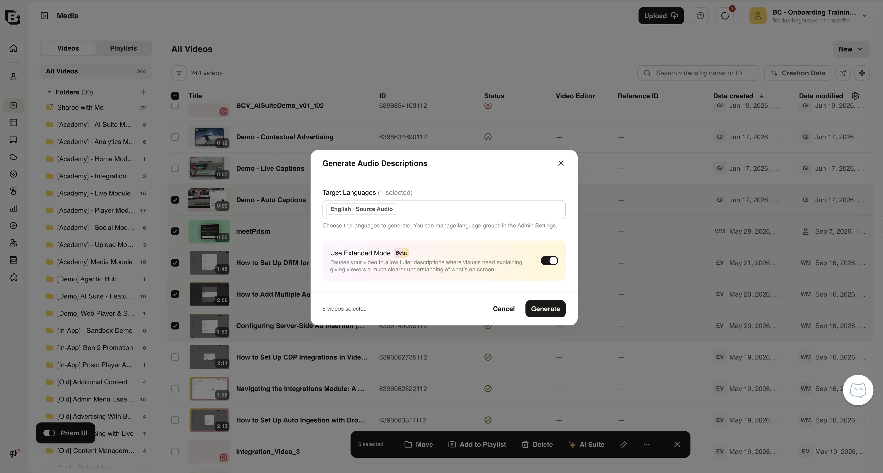 Bulk Generate Audio Descriptions dialog with Use Extended Mode turned on
