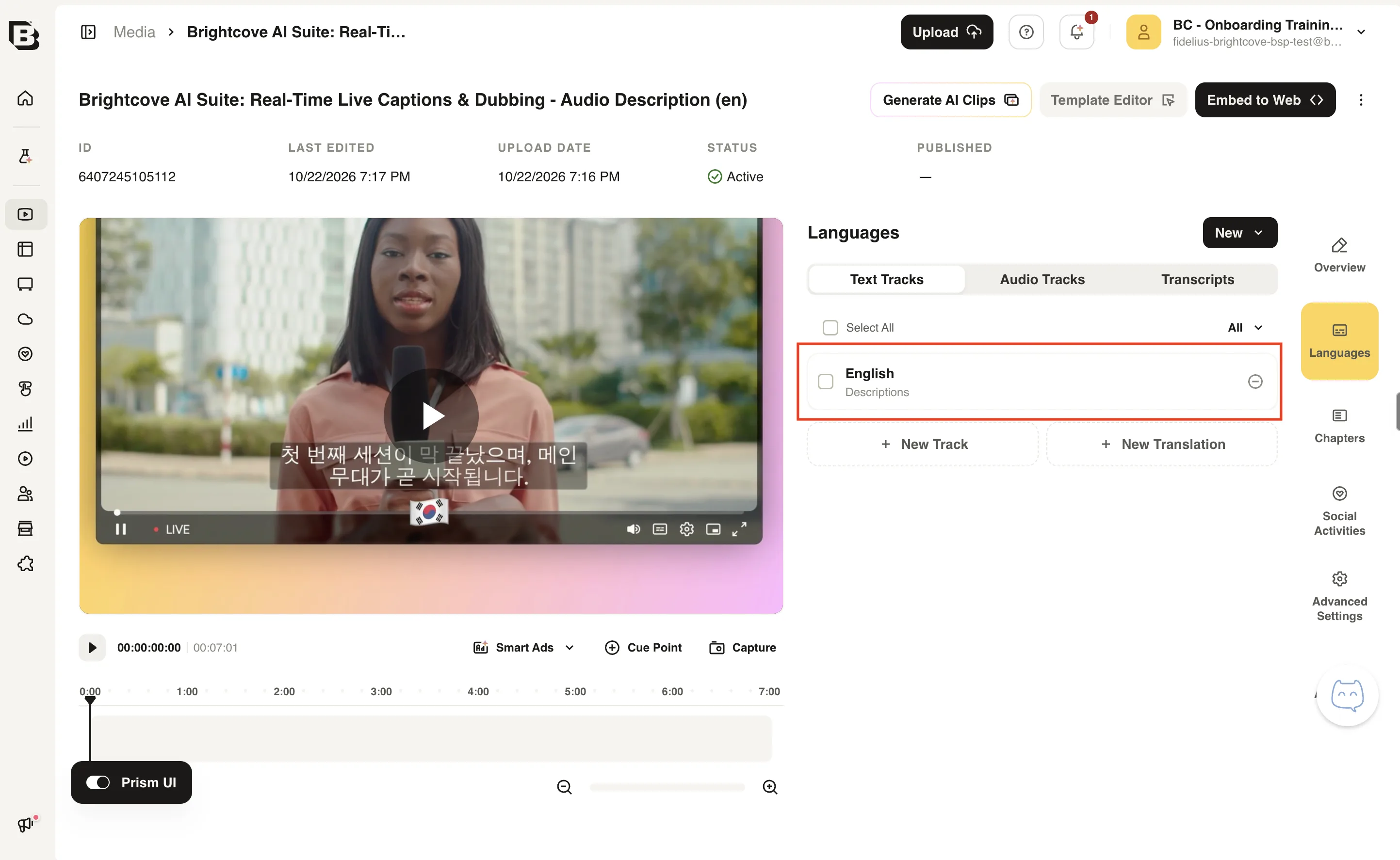 Text Tracks tab of the child video showing an English Descriptions track