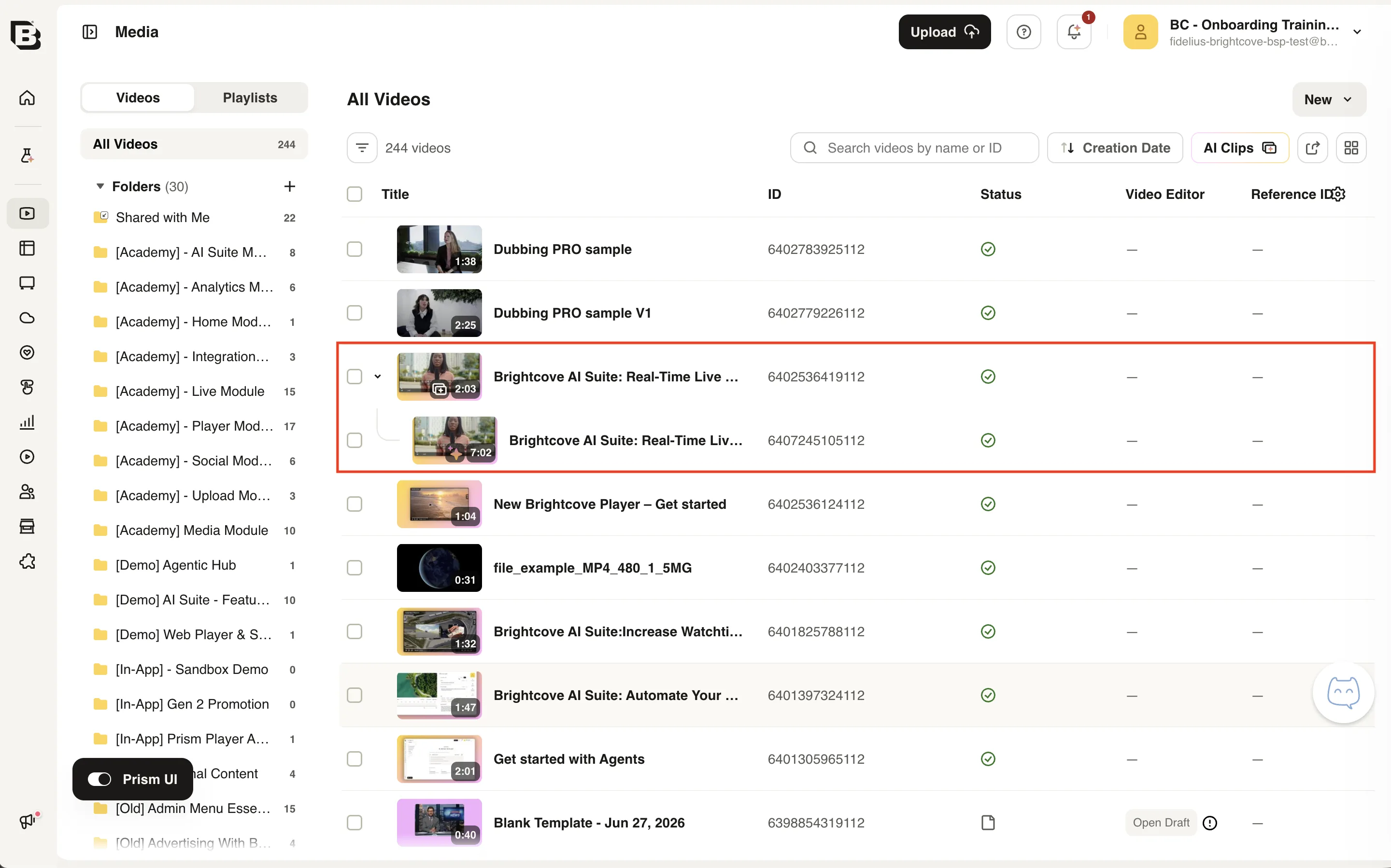Media module showing an original video with its extended audio description child video indented below it