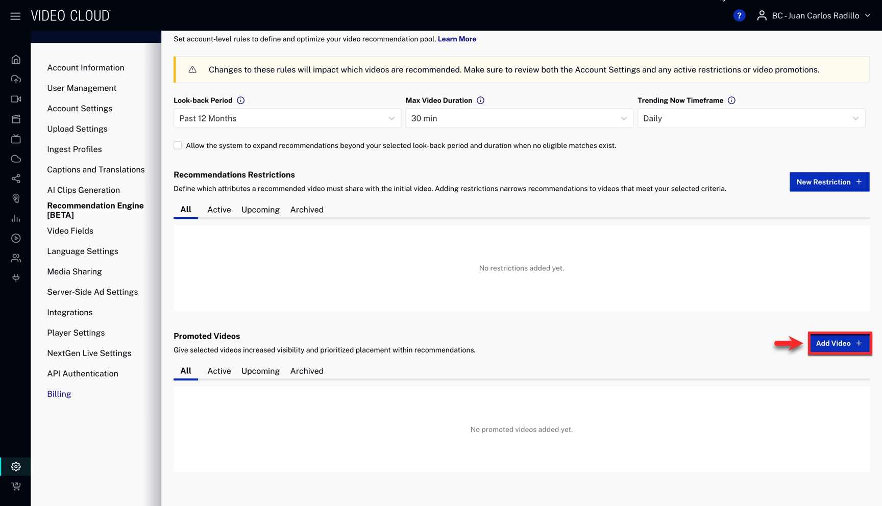 Add promoted video button