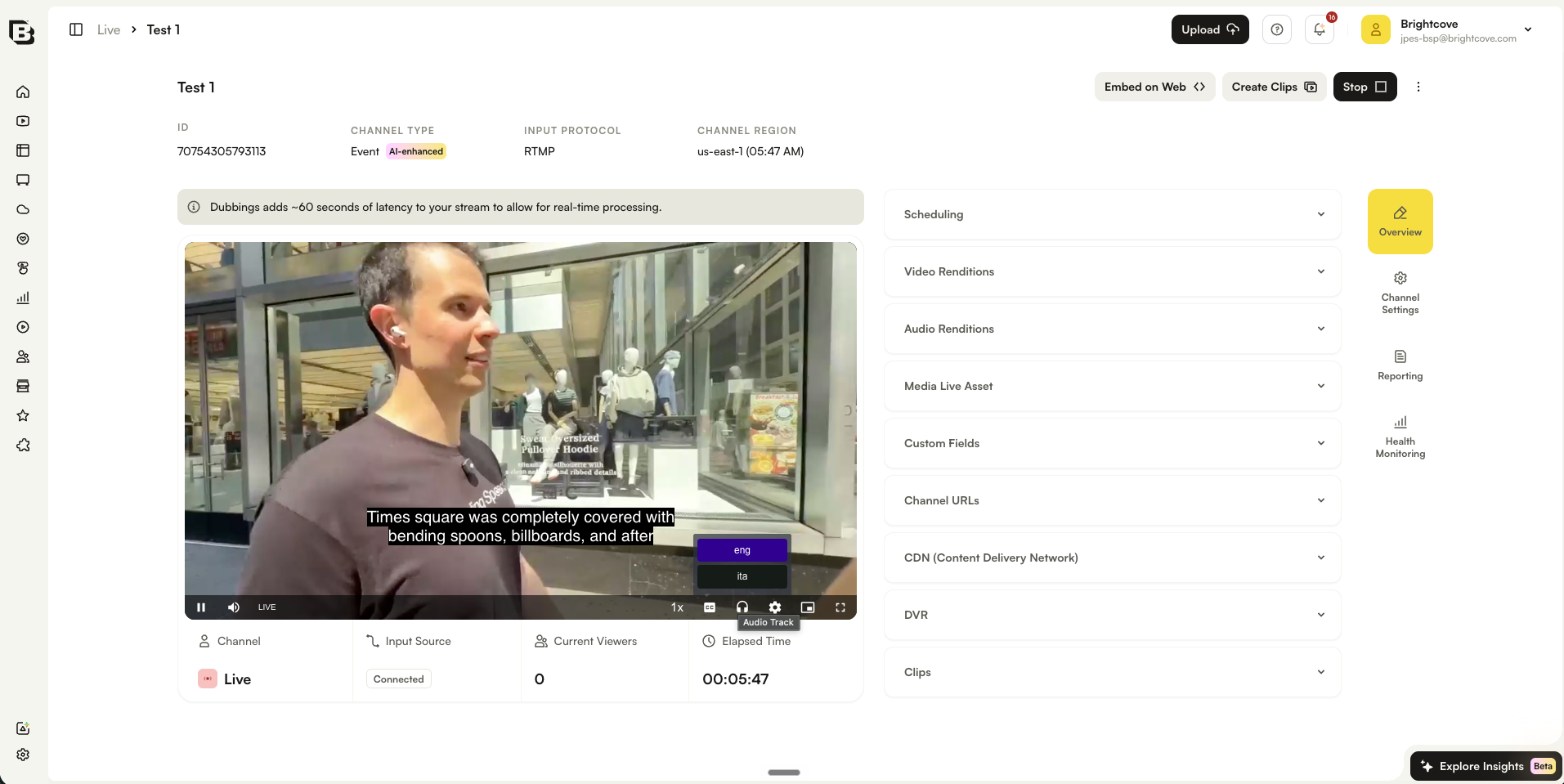 Live channel player showing generated audio track options