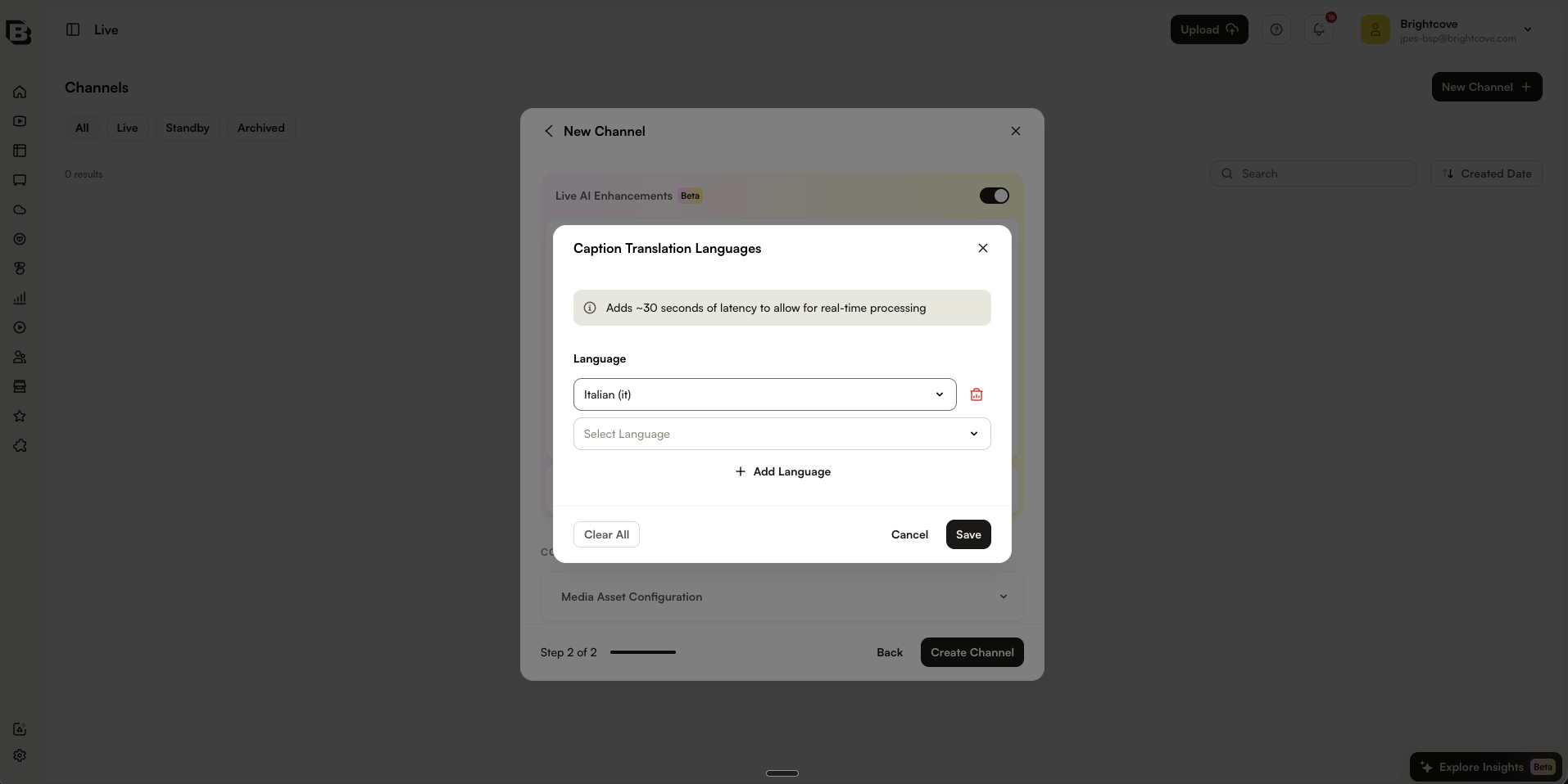 Caption Translation Languages dialog with target languages