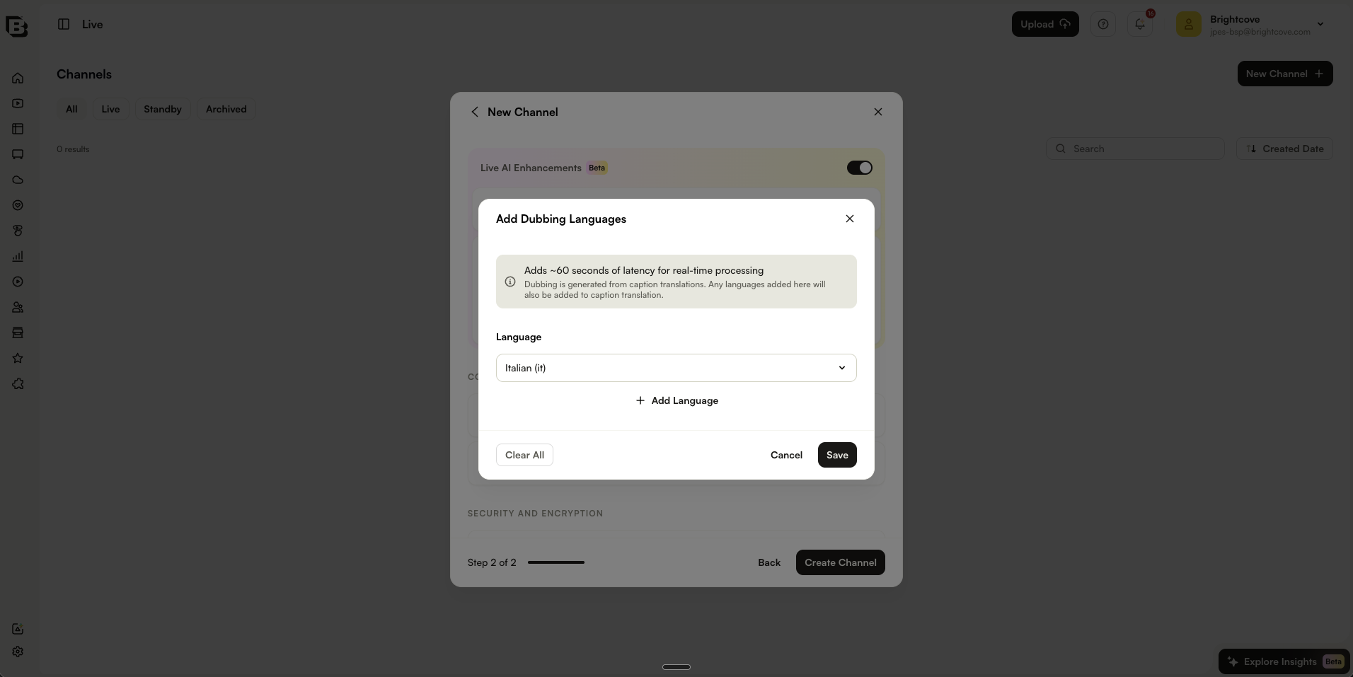 Add Dubbing Languages dialog with a selected dubbing language