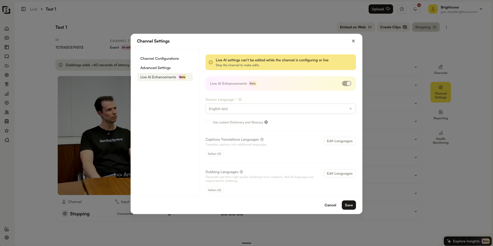 Channel Settings showing Live AI settings and warning that settings cannot be edited while live