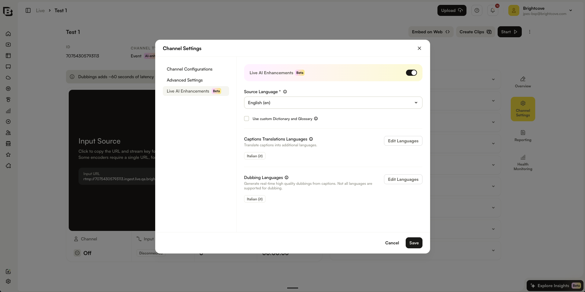 Channel Settings showing editable Live AI settings