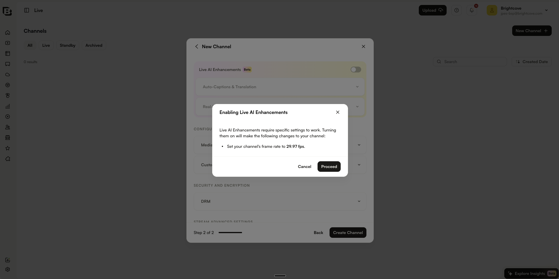 Enabling Live AI Enhancements dialog showing the frame rate change